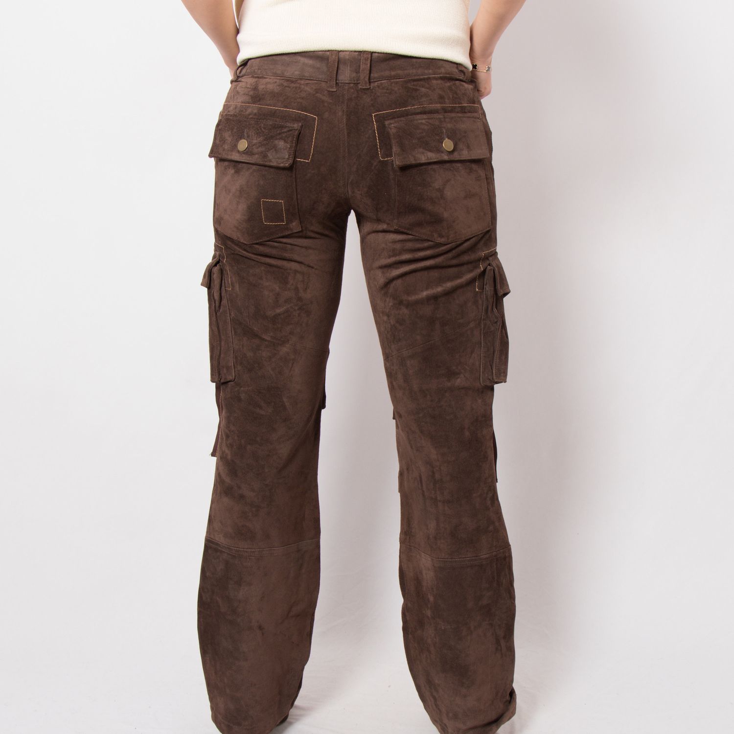 Y2K Chocolate Brown Suede Cargo Pants Low-Waist with Decorative Studs and Pockets S/M Size Gift for Girlfriend