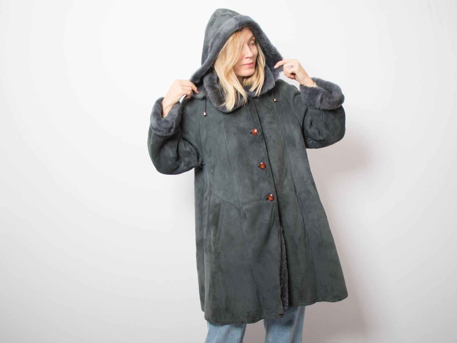 RARE Vintage Dusty Blue Swing Hooded Shearling Coat Luxe Suede Timeless Cozy Made in Italy Winter Statement Piece Size S