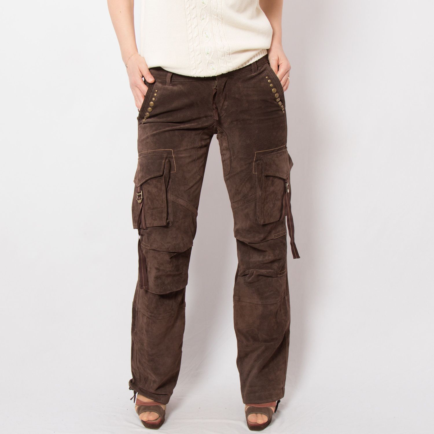 Y2K Chocolate Brown Suede Cargo Pants Low-Waist with Decorative Studs and Pockets S/M Size Gift for Girlfriend