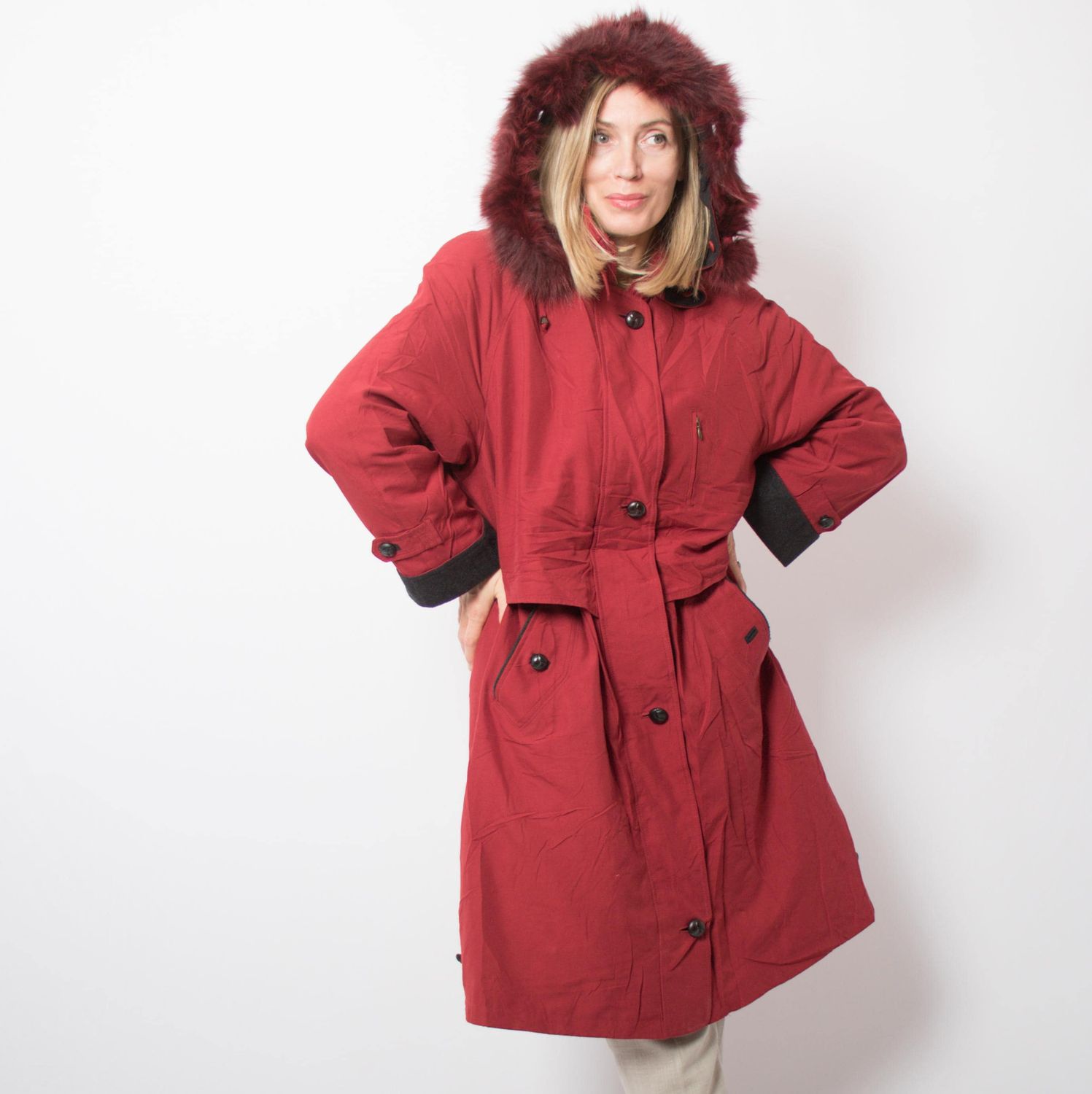 90s Parka C&amp;A Oversized Fur Trim Hooded Coat Cape Layer Drawstring Waist Large Size Gift for Wife Lady