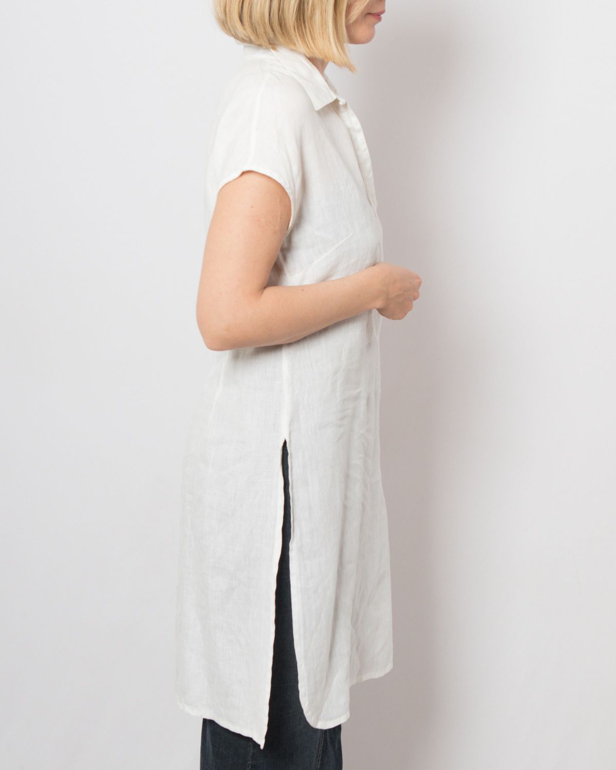 PENNYBLACK Long White Linen Tunic Top with Deep Slits Collared V neck Medium Size