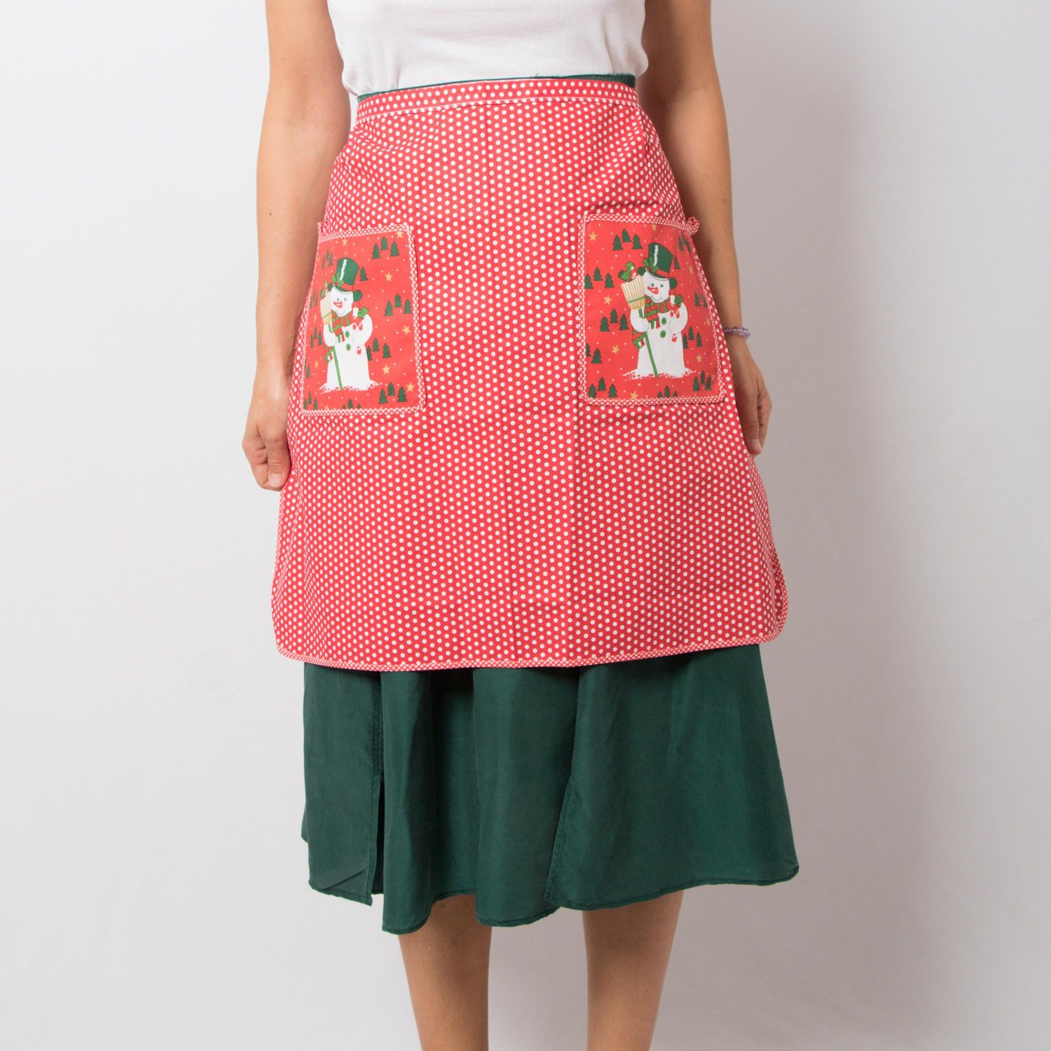 Vintage Waist Apron Polka dot Christmas Half Apron with Pockets Snowmen Print Cottage Holiday Gift