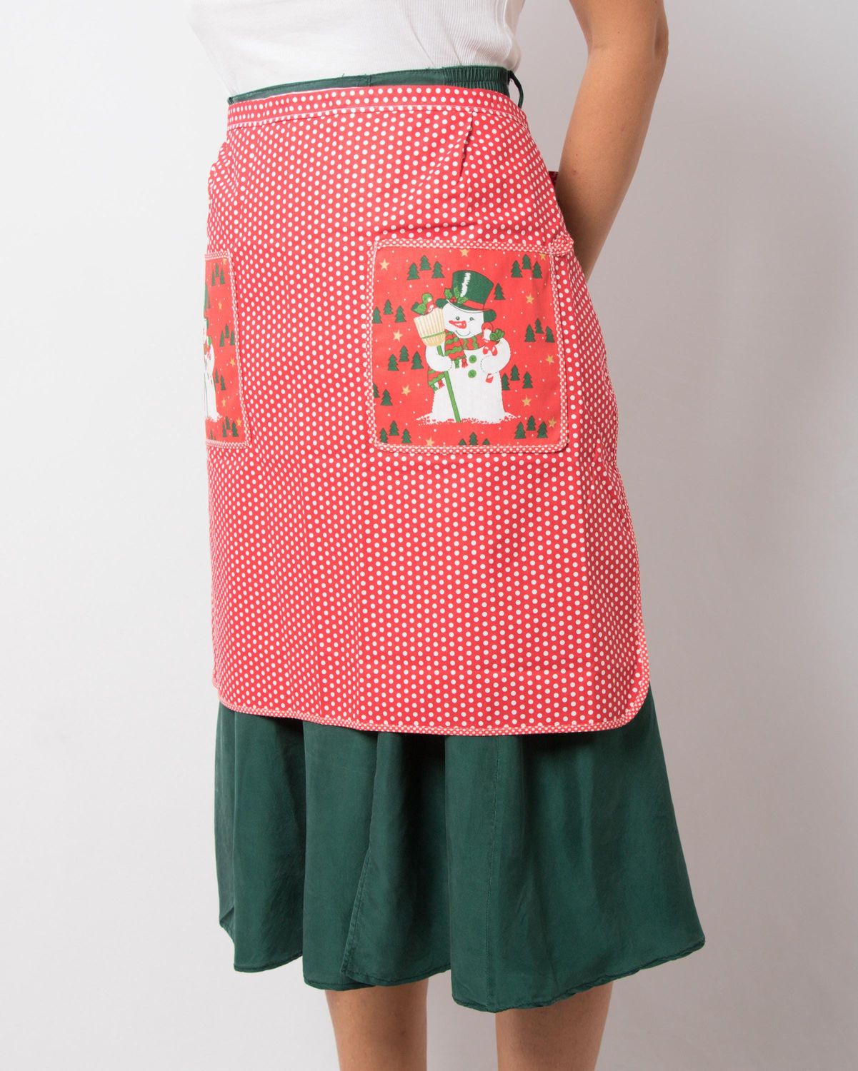 Vintage Waist Apron Polka dot Christmas Half Apron with Pockets Snowmen Print Cottage Holiday Gift