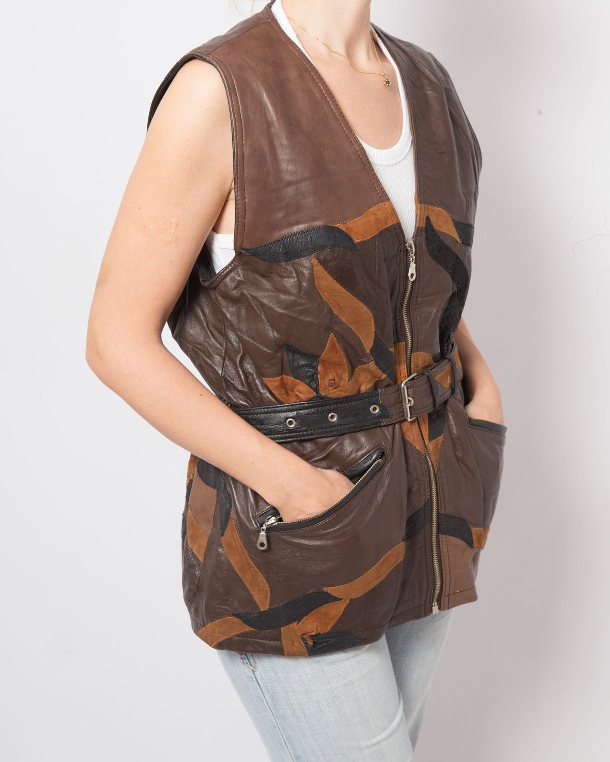 Vintage Patchwork Leather Vest Bold 70s 80s Style with Belt Pockets Zip Closure Gift for Girlfriend Wife