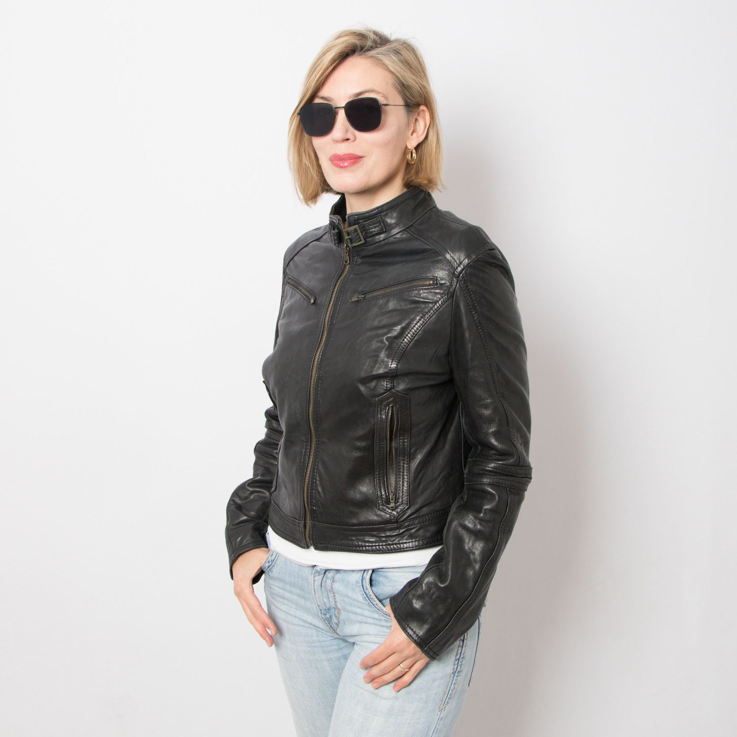 90s Black Moto Jacket Crop Leather Jacket Rock Biker Jacket Medium Size Gift for Girlfriend