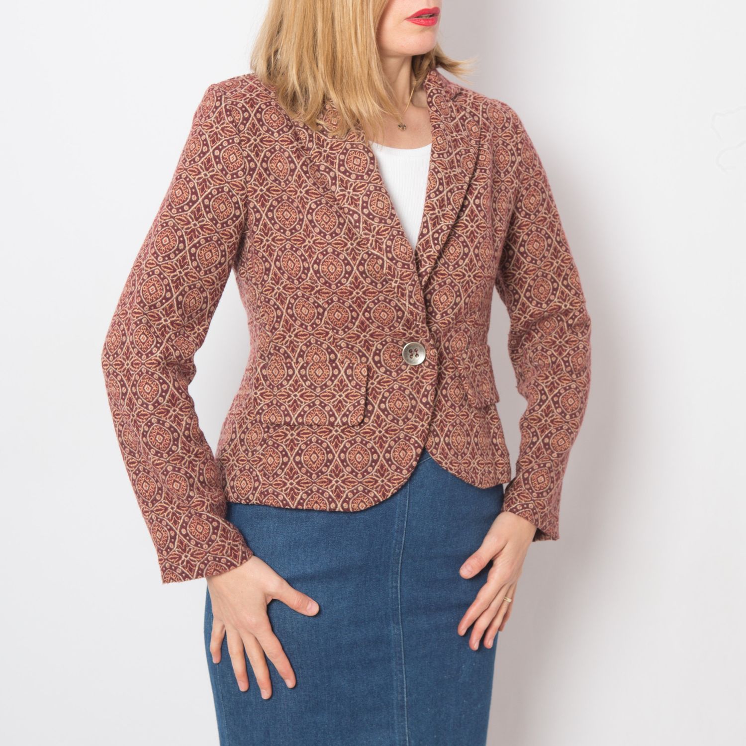 Vintage Cropped Blazer Baroque Print Wool-Blend Blazer Gift for Girlfriend