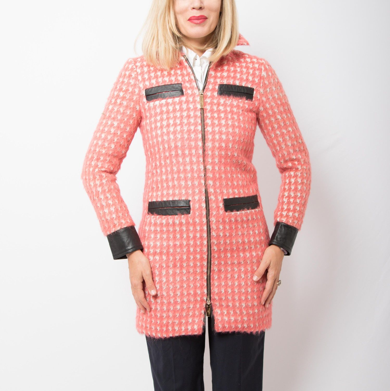 Gil Santucci Houndstooth Plaid Wool Coat Pink Fitted Wool Short Coat Zip up Lamb Leather details Small Size Gift for Girlfriend