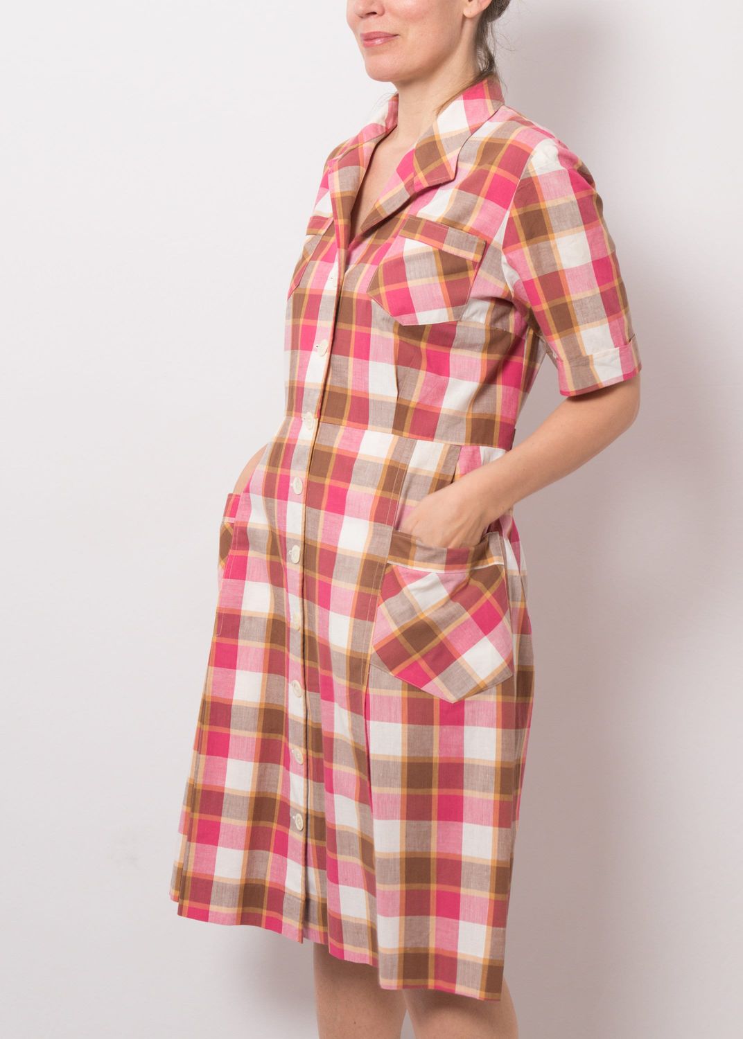 Vintage Pink Plaid Dress Button Duster Dress with Pockets and back belt Medium Size