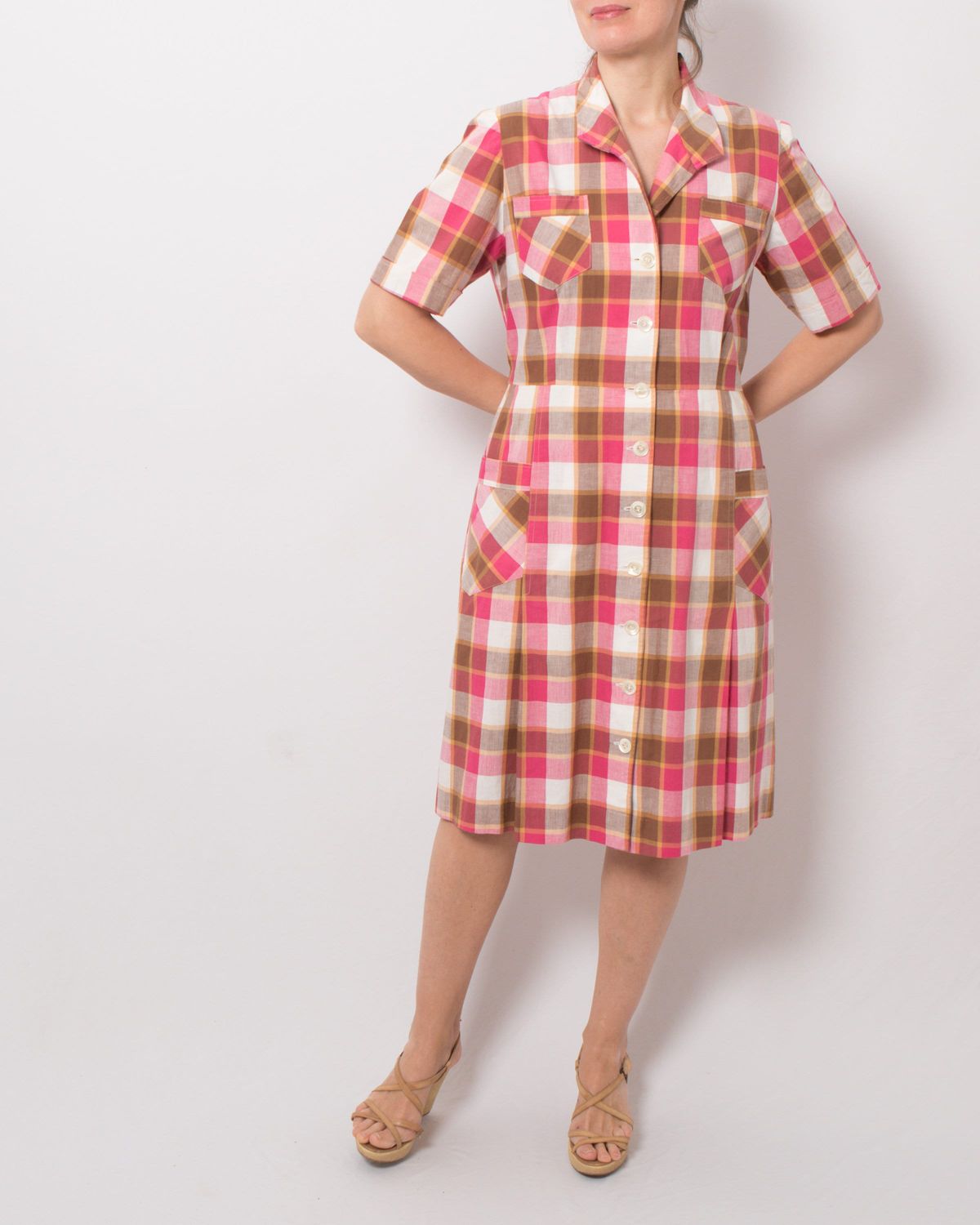 Vintage Pink Plaid Dress Button Duster Dress with Pockets and back belt Medium Size