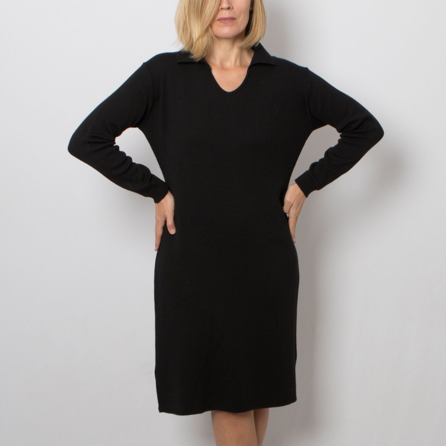 90s Black Sweater Dress Polo Neck Sexy Stretchy Black Wool Dress Medium/Large Size Made in Italy