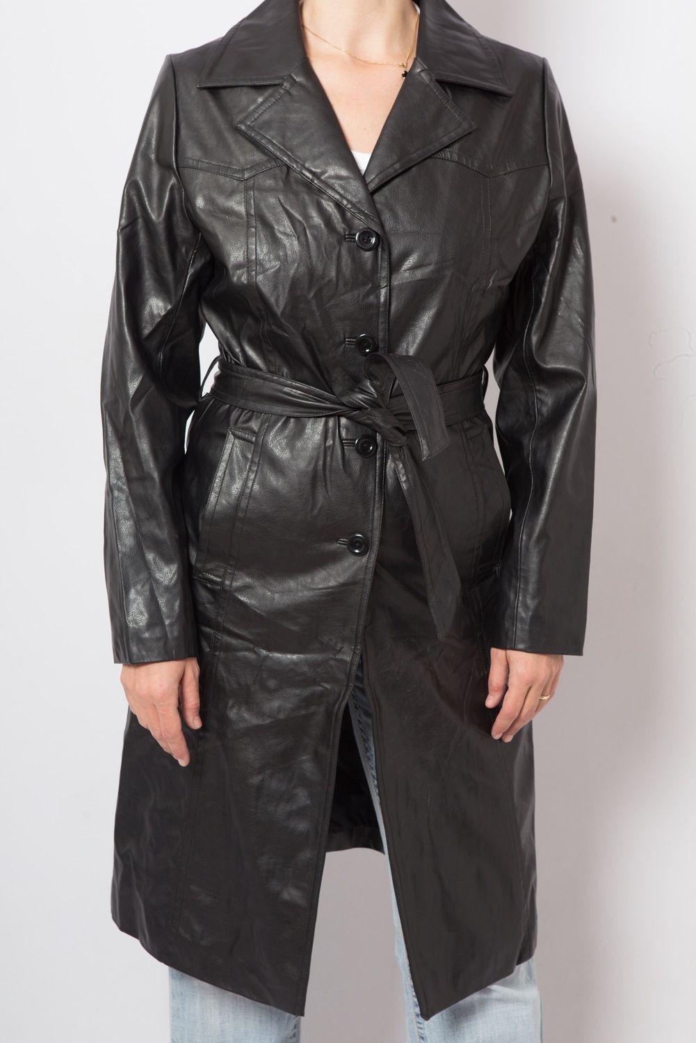 Y2K Black Faux Leather Trench Coat Women Medium Size Gift for Girlfriend