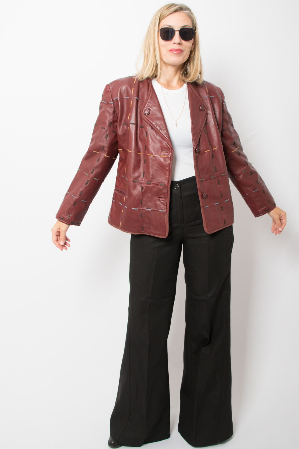 Italian 90s Burgundy Leather Jacket Dark Red Leather Jacket Women Crop Leather Blazer Large Size Gift