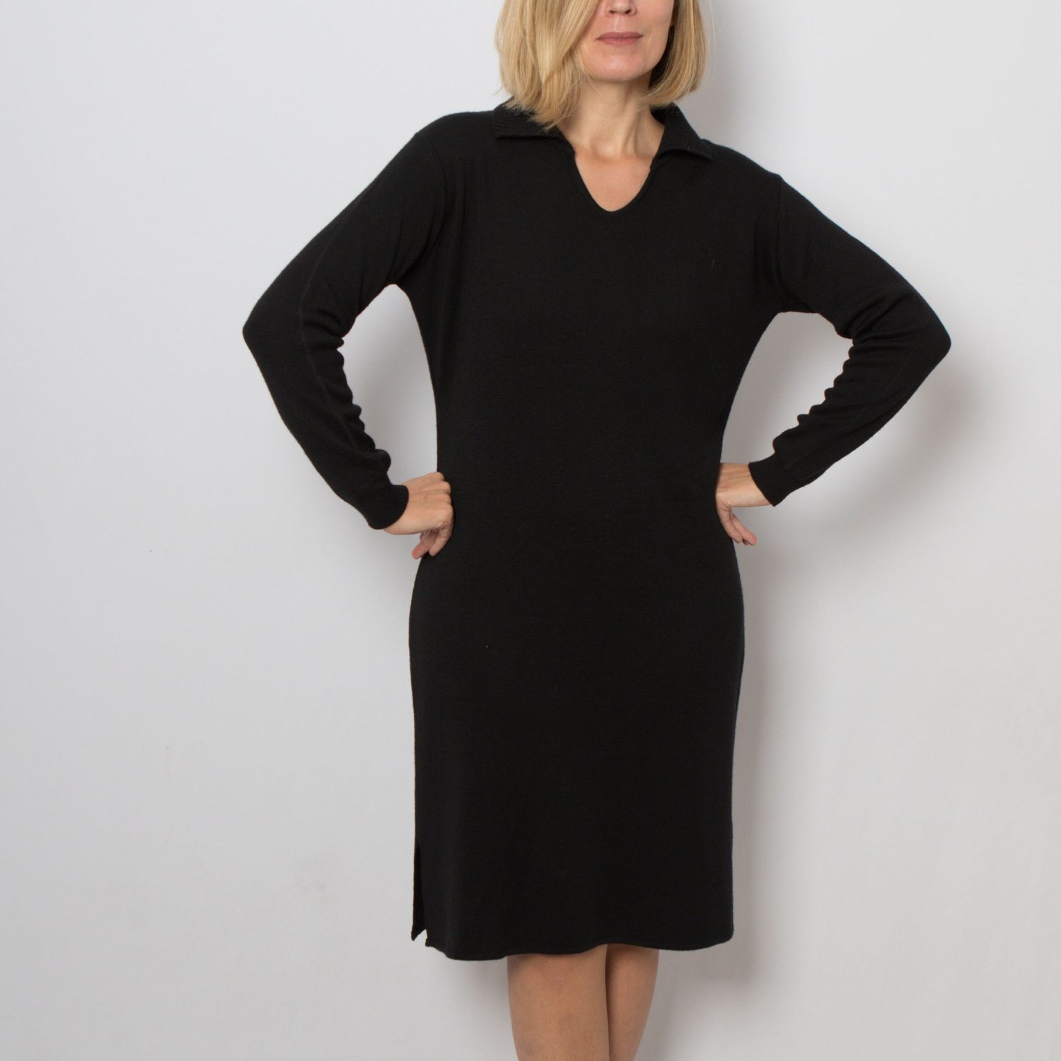 90s Black Sweater Dress Polo Neck Sexy Stretchy Black Wool Dress Medium/Large Size Made in Italy