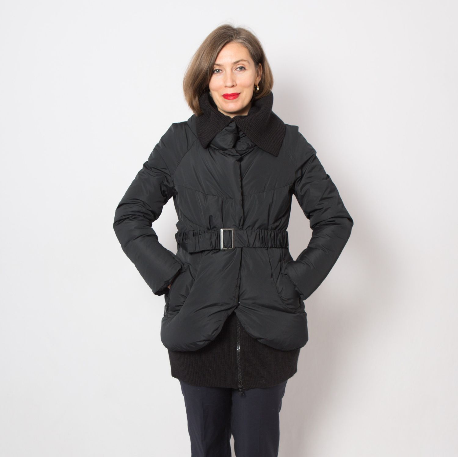 Ermanno Scervino Black Down Jacket Puffy Warm Down Parka Fitted Belted Short Down Coat with knitted parts M Size Gift