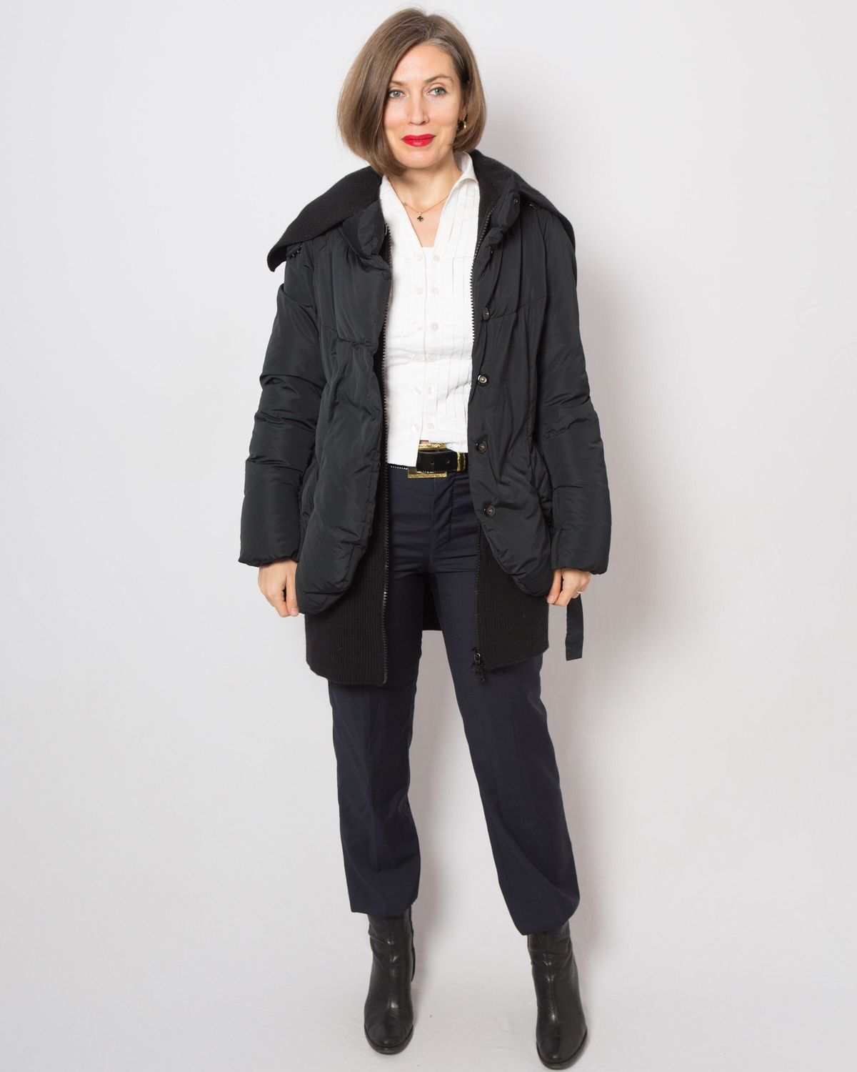 Ermanno Scervino Black Down Jacket Puffy Warm Down Parka Fitted Belted Short Down Coat with knitted parts M Size Gift