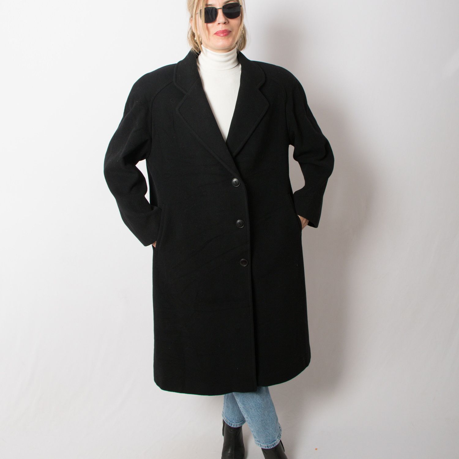 Vintage FRANCO ANCONA Long Black Wool Coat Overcoat Classic Office Business Wear Large Size