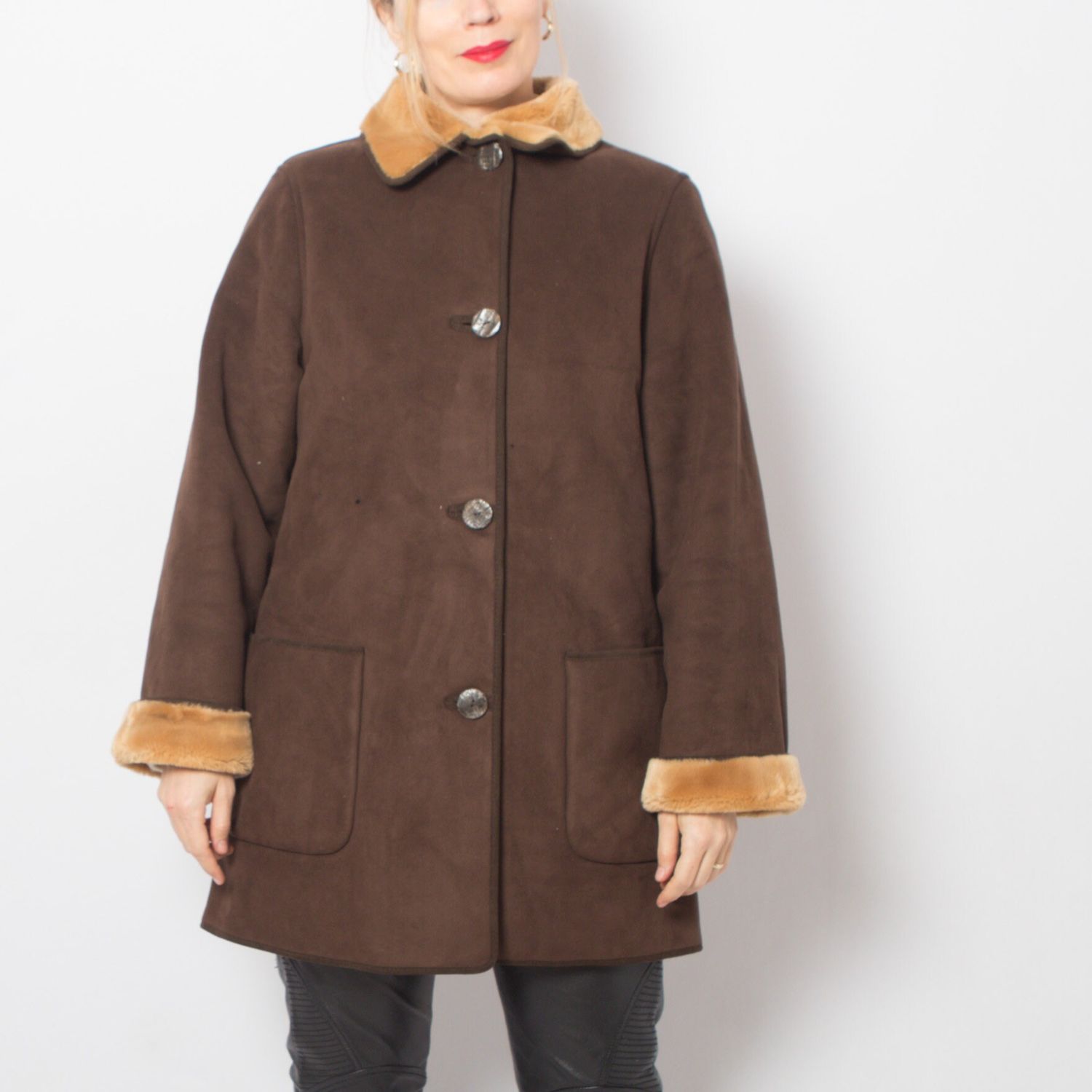 LUX Vintage Brown Faux Suede Jacket with Faux Seal Fur lining. Medium Size Eco Vegan Friendly Gift