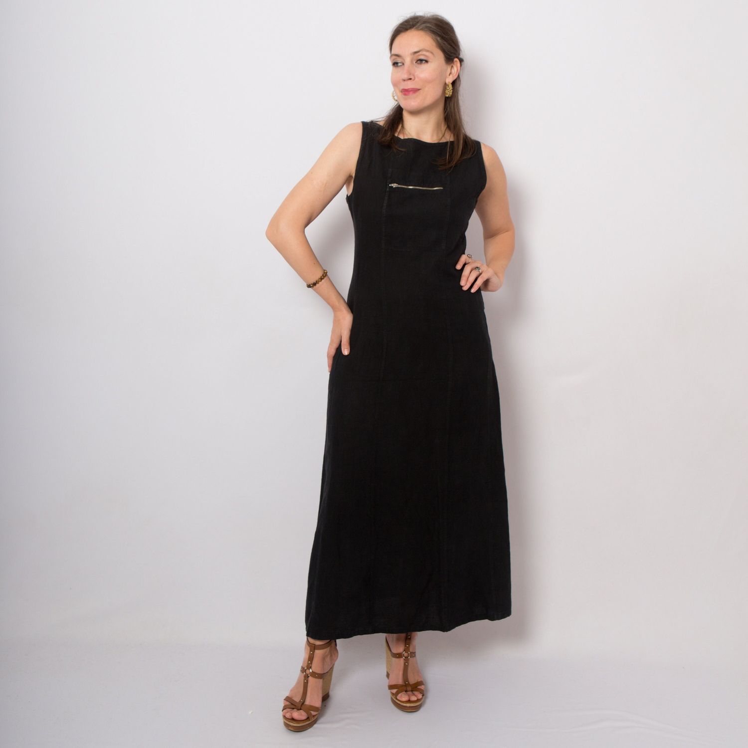 Vintage Long Black Linen Dress Black Tank Dress Black Sundress Cotton Linen Dress Medium Size