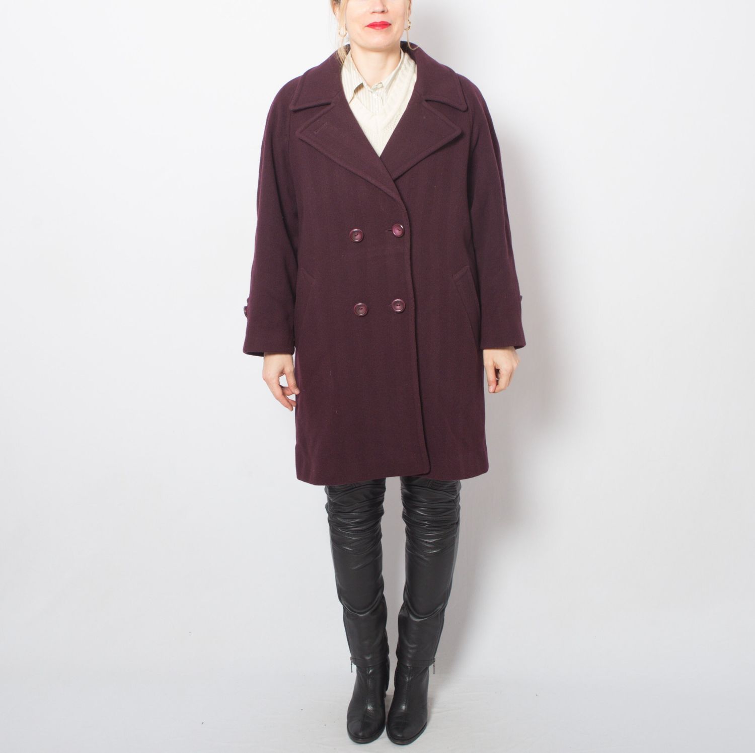 ITALIAN Purple Wool Coat Short Double Breasted Overcoat Medium Size Gift for Girlfriend