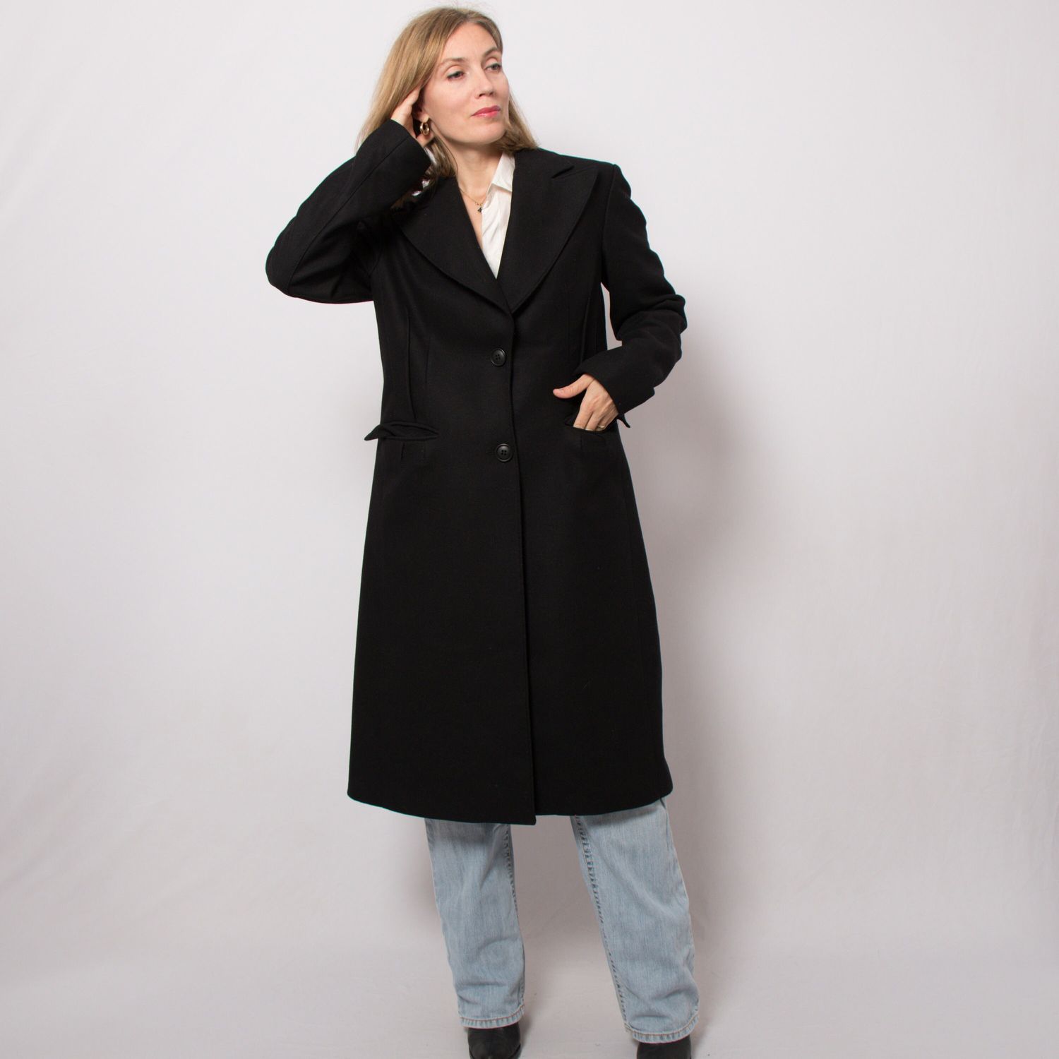 STEFANEL Fi Midi Long Black Wool Coat Medium Size Gift for Girlfriend