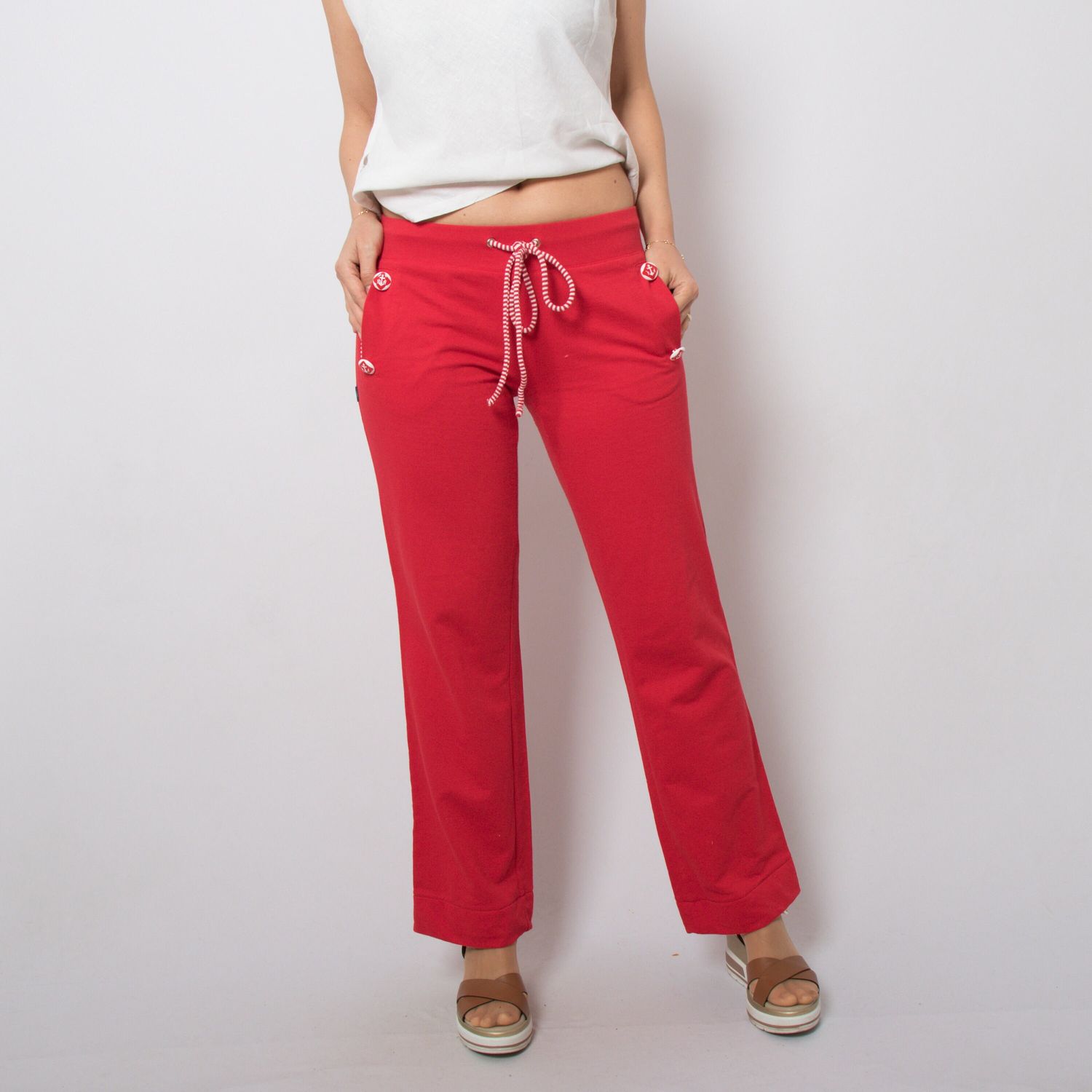 Vintage Red Cotton Drawstring Pants Flare Pants Women Festival Summer Medium Size