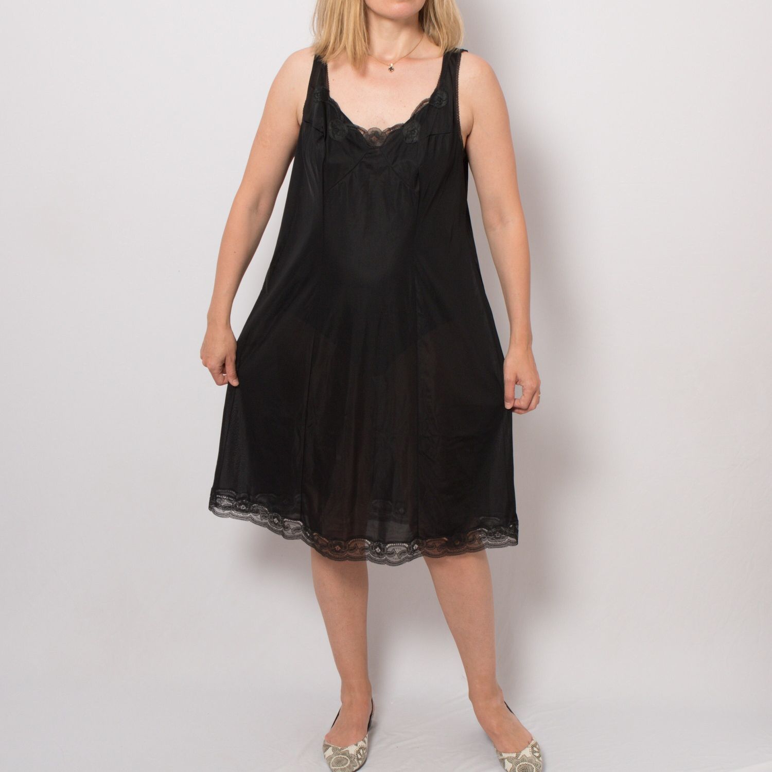 Vintage Black Nylon Slip Dress Underdress with beautiful Lace details Sexy Feminine Lingerie Large Size