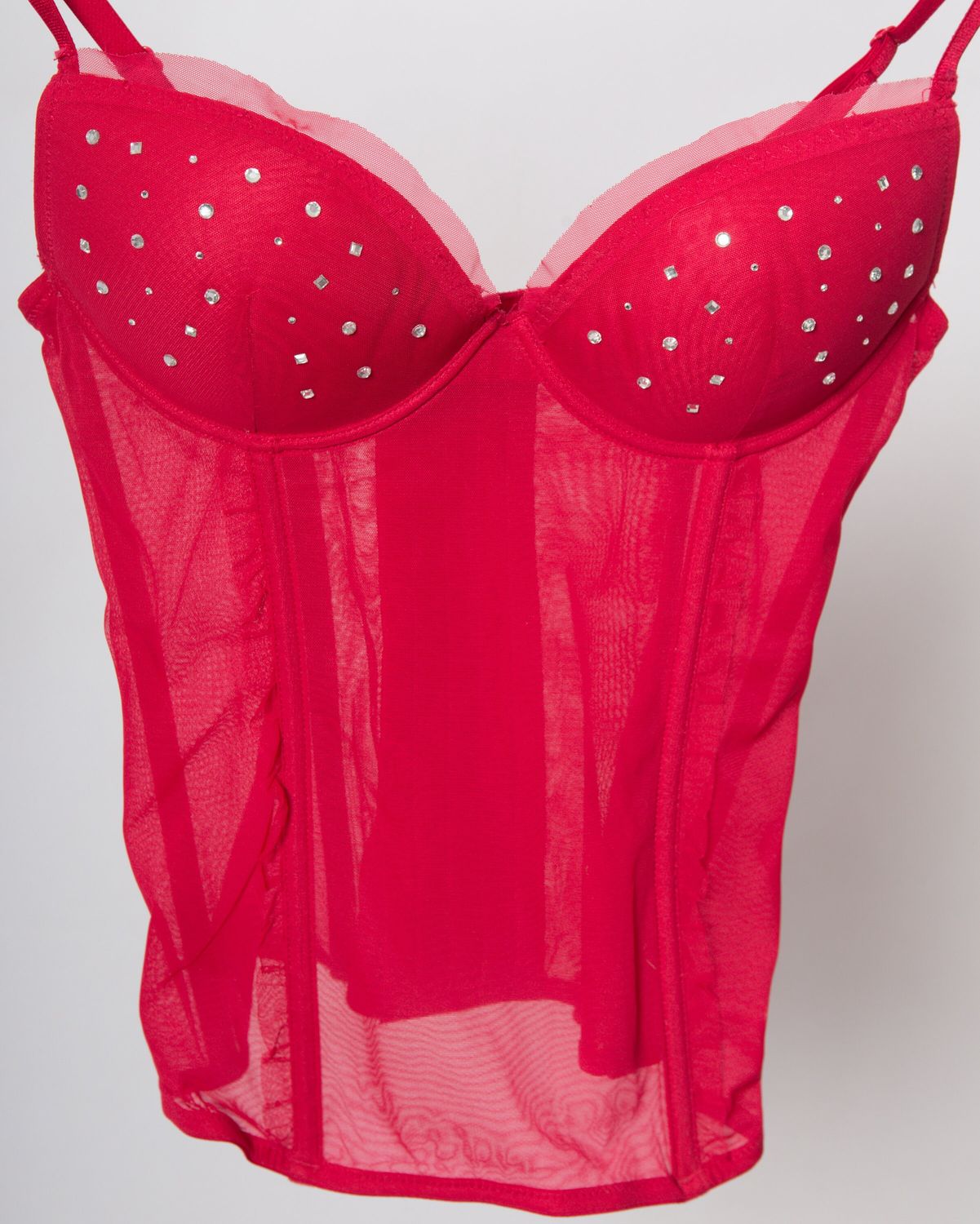 Y2K Bustier Top Red Sheer Corset Rhinestone details Sexy Lingerie EU 75 USA 34 B Gift