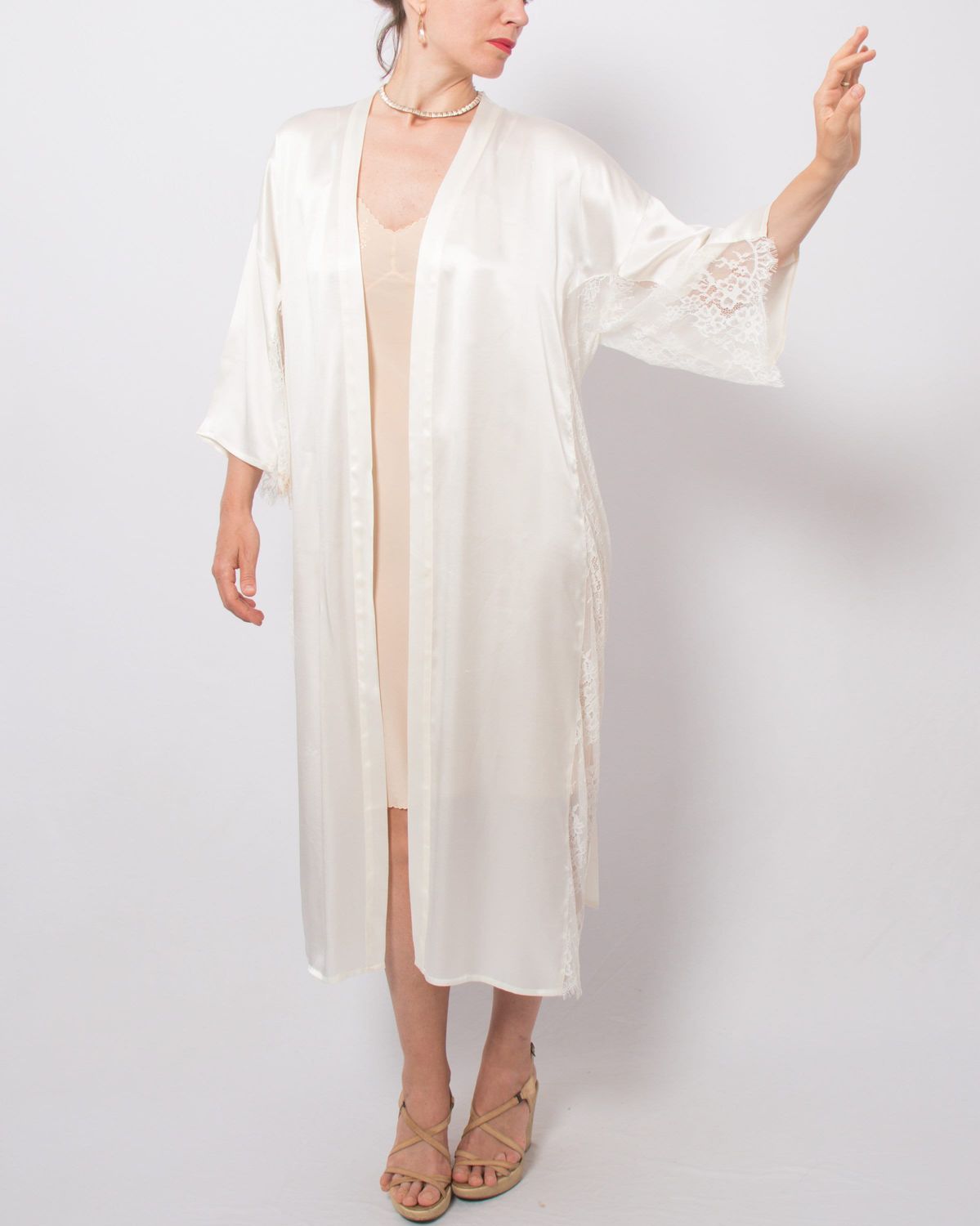 Vintage White Long Silk Robe Satin Peignoir Silk Dressing Gown Medium Size Gift