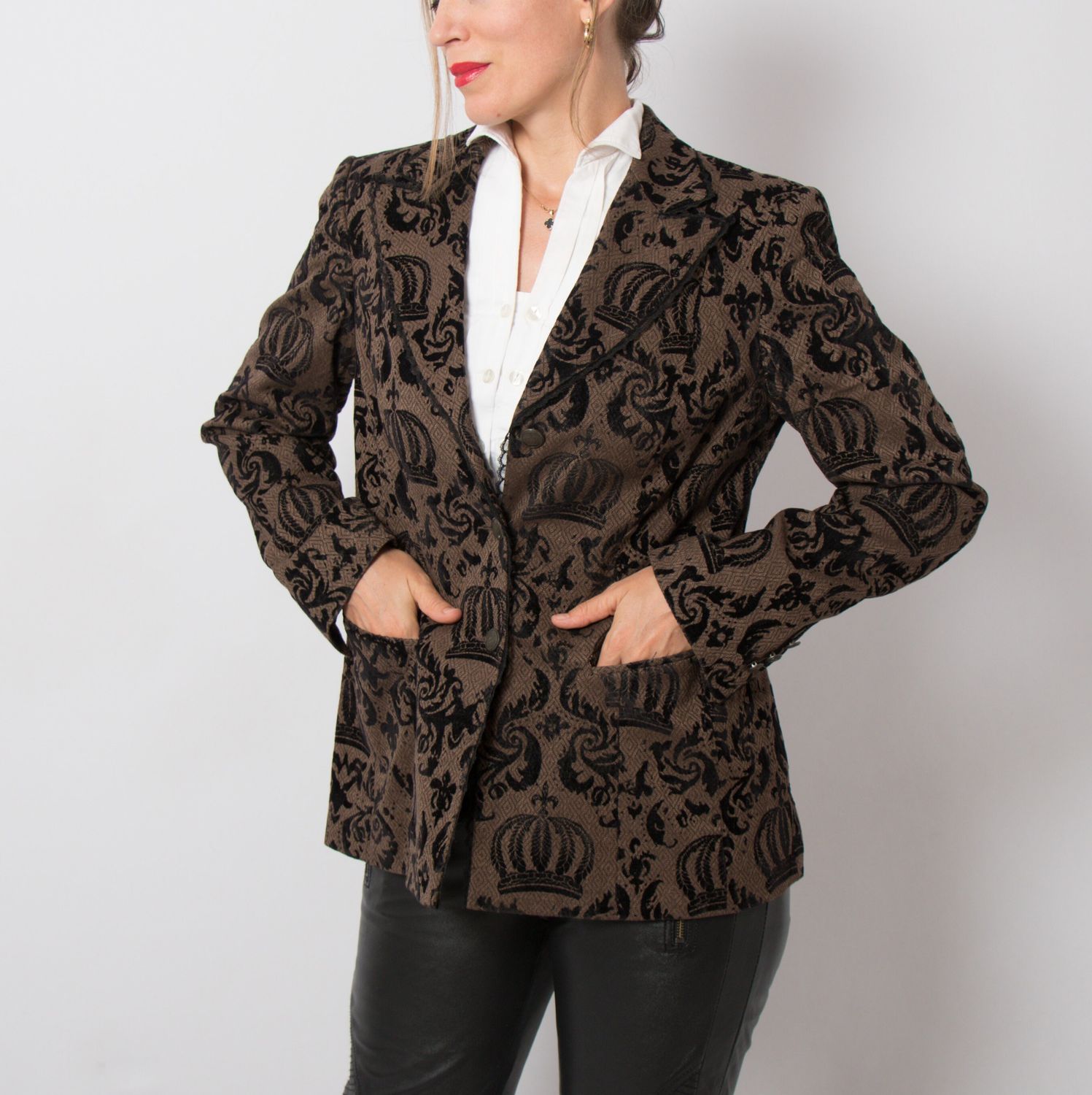 STATEMENT Brown Velvet Jacket Brocade Velvet Blazer Royal Crown Medium Size Gift