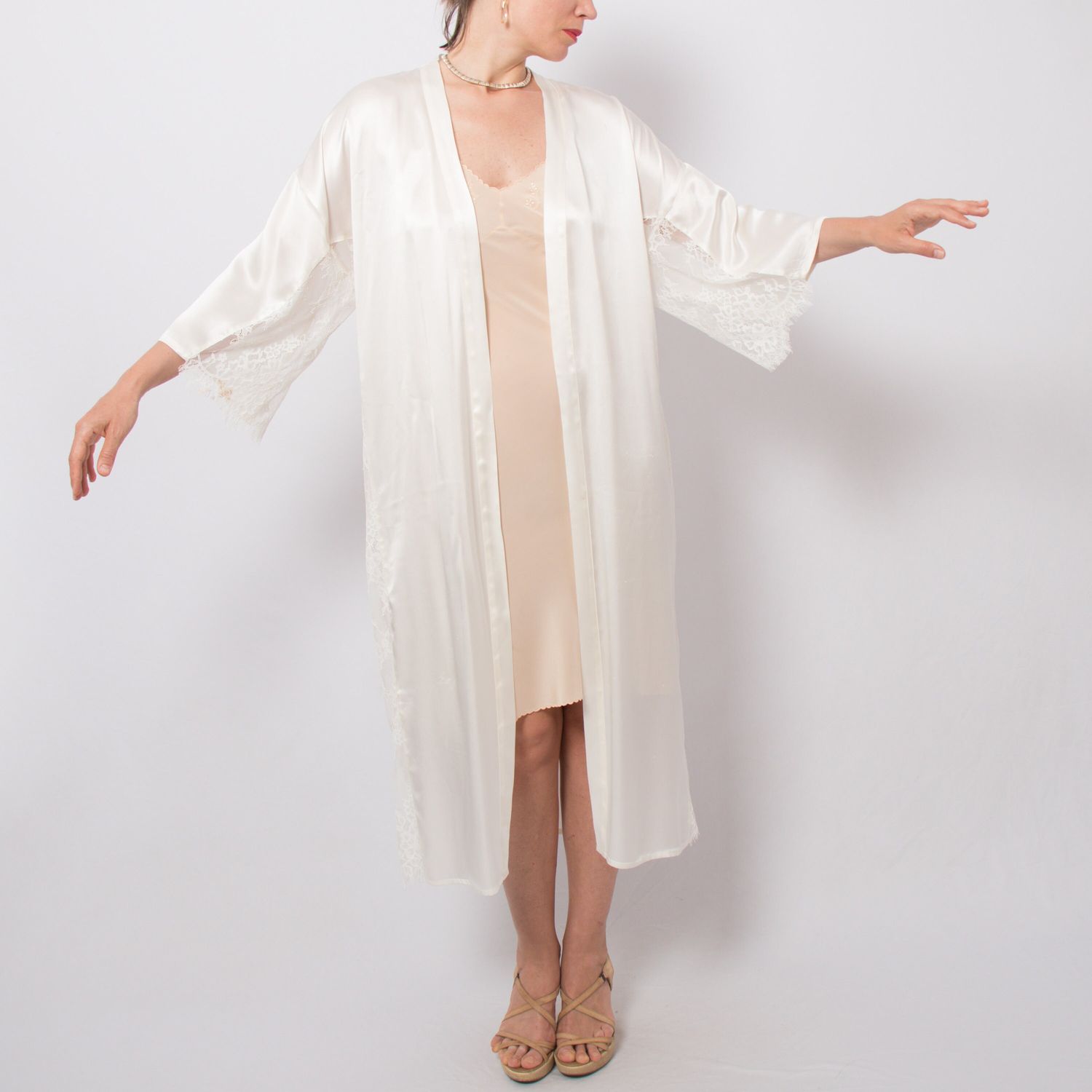 Vintage White Long Silk Robe Satin Peignoir Silk Dressing Gown Medium Size Gift