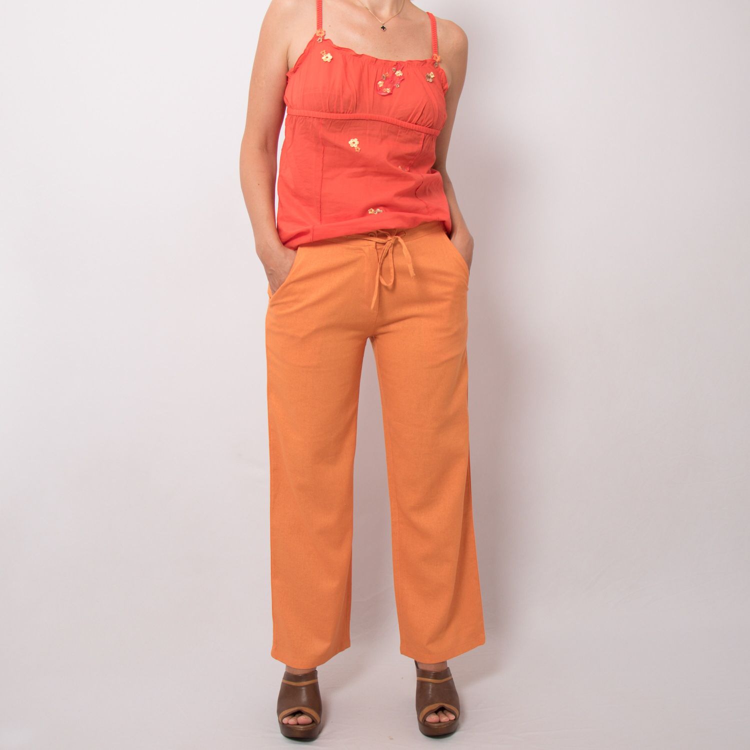 Vintage Drawstring Linen Pants with Pockets Orange Cotton Linen Trousers Women Medium Size Waist 28 inches Gift