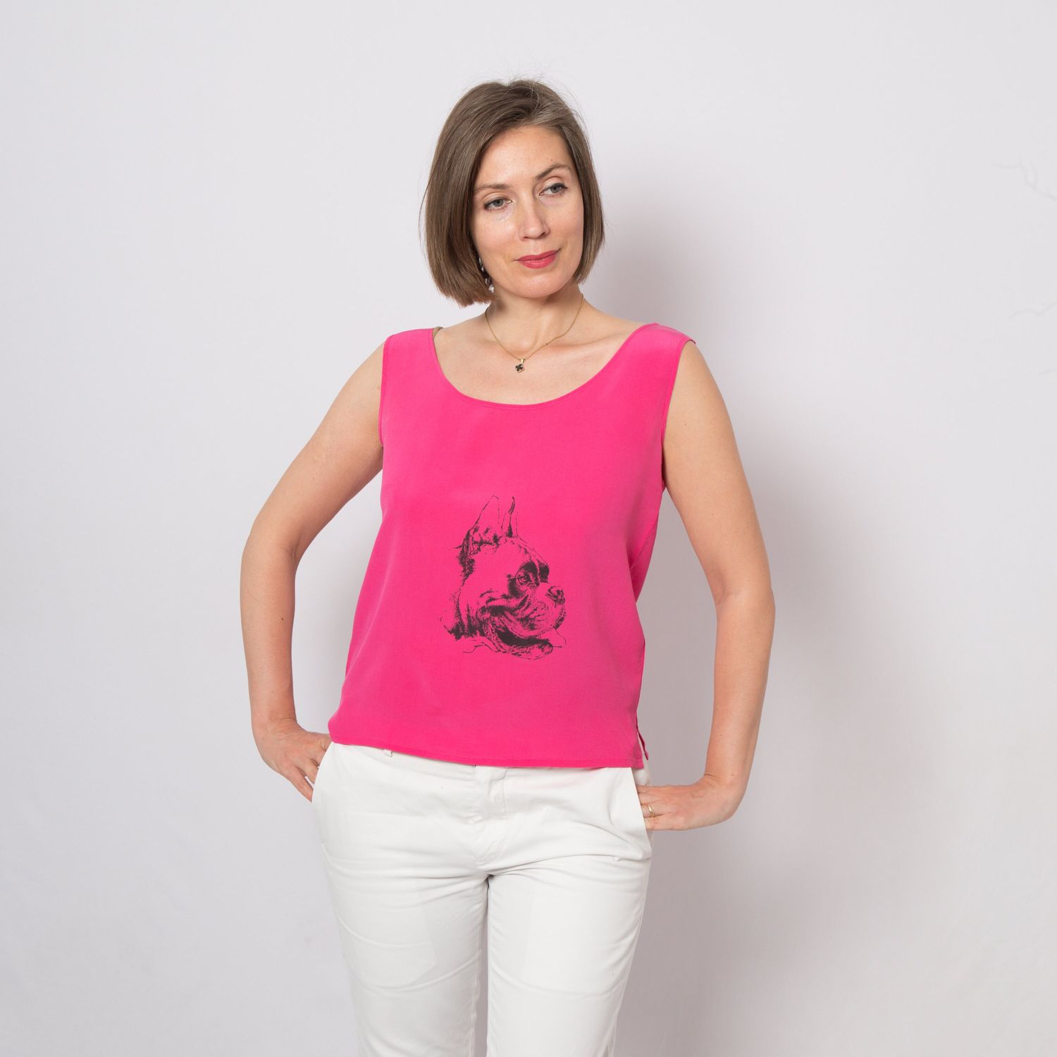 Vintage Pink Silk Tank Top with french bulldog print Silk Sleeveless Top Medium Size