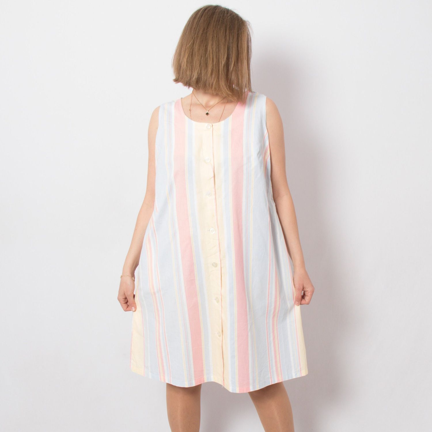 Vintage Cotton Sundress Button Through Dress Pastel Striped Summer Tent Dress Medium Size