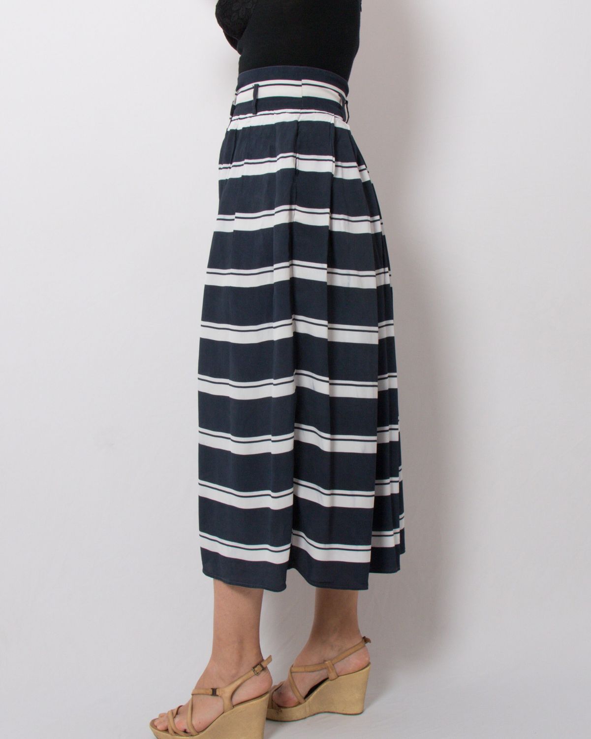 BYBLOS Striped Pleated Midi Skirt with Pockets Button Up Skirt Summer Small Size W 27 Gift for Girlfriend