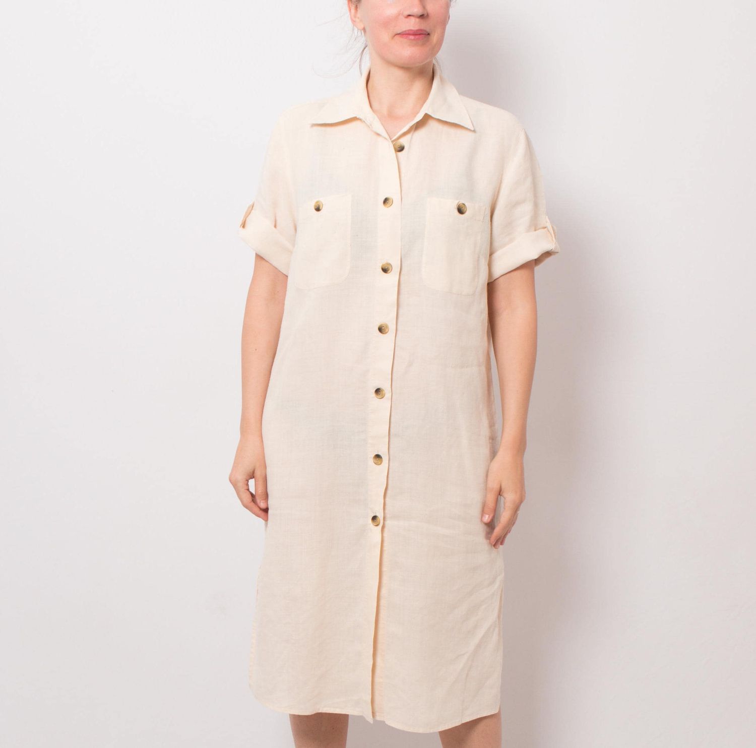 Vintage Pastel Peach Linen Button Up Dress Size M