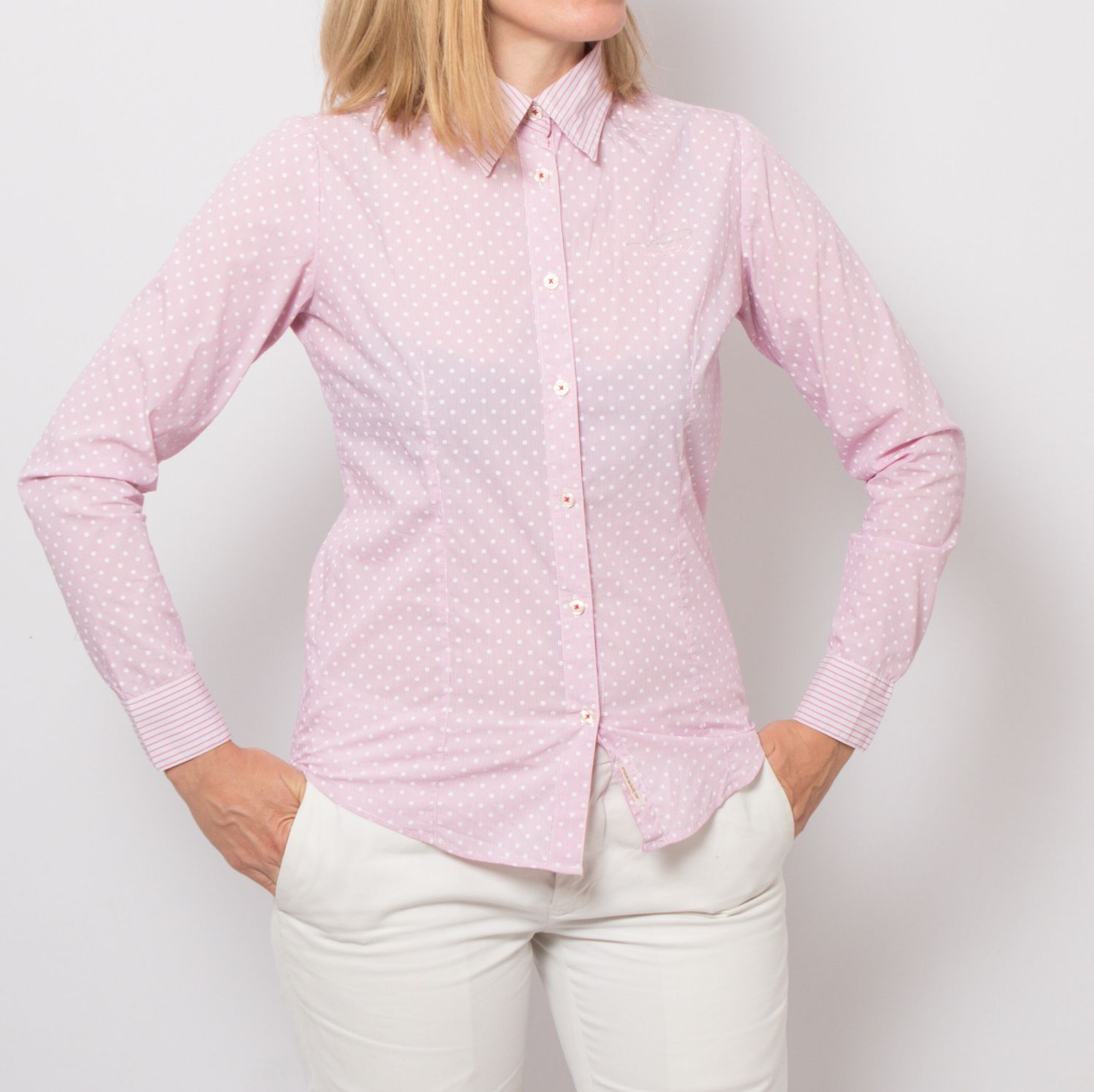 PICK WICK Pink Polka dot Shirt Polka dot Blouse Striped Collar Sleeve Cuffs Button Up Size M