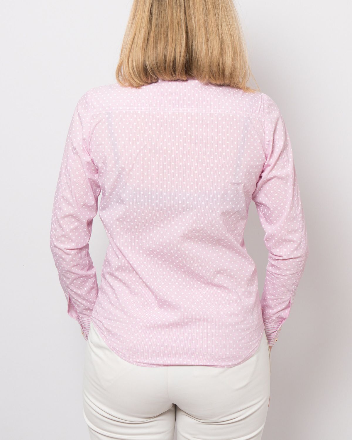 PICK WICK Pink Polka dot Shirt Polka dot Blouse Striped Collar Sleeve Cuffs Button Up Size M