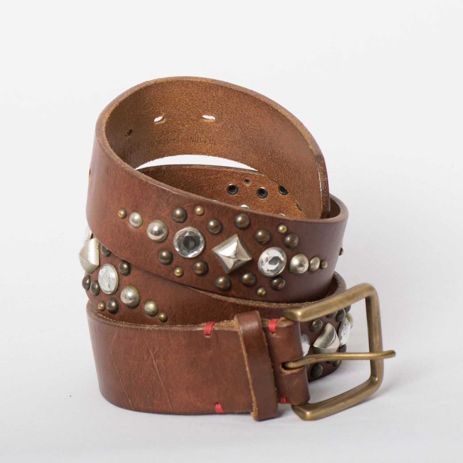 RARE Vintage Fausto Colato Milano Brown Leather Belt Western Boho Studded and Sparkly details Brass Buckle Made in Italy 85 CM