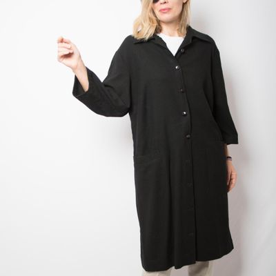 Vintage Trench Dress Coat Button Wool Dress Wool Shirtdress Black Shirtdress Size M/L