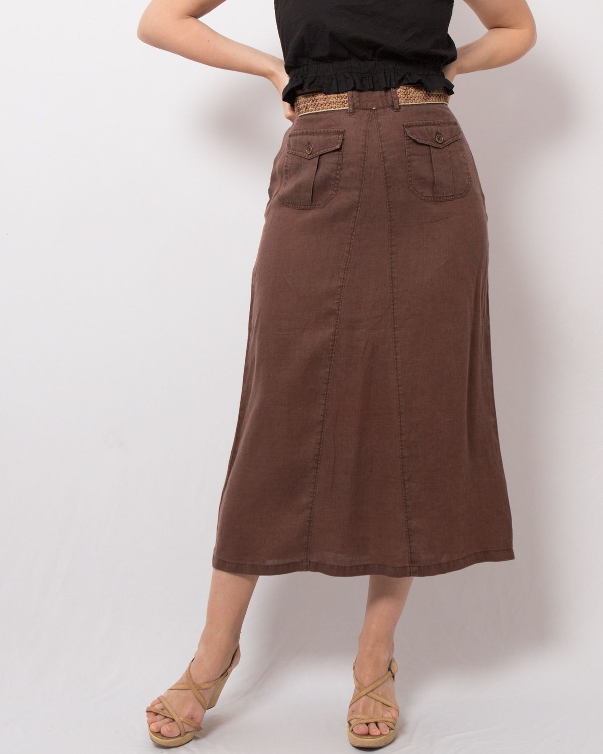 Henry Cottons Brown Linen Midi Skirt W 27 Minimalist Medium Size