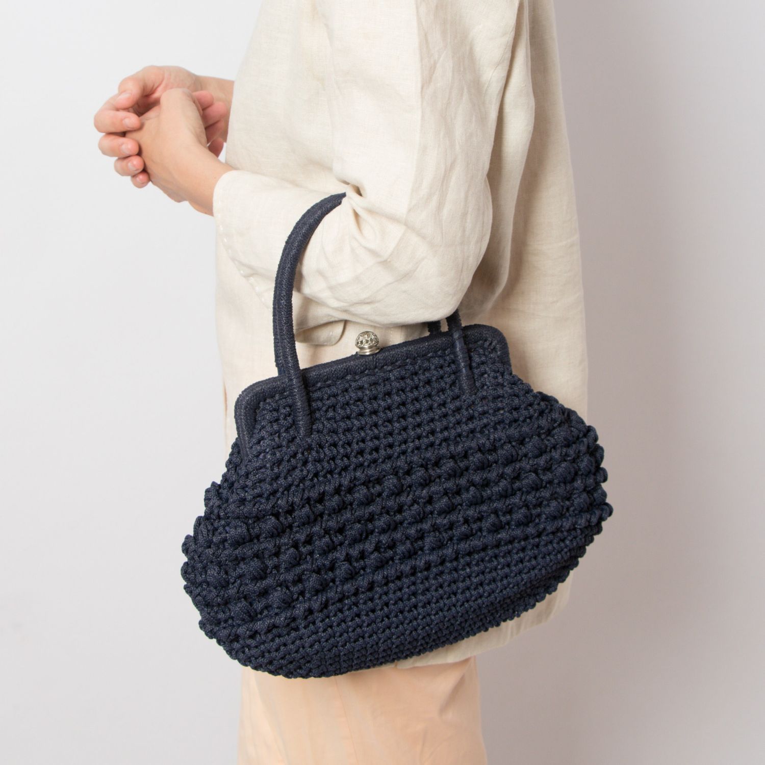 Vintage Midnight Blue Handwoven Bag Textured Raffia Purse Elegant 1950s Style Top Handle Bag