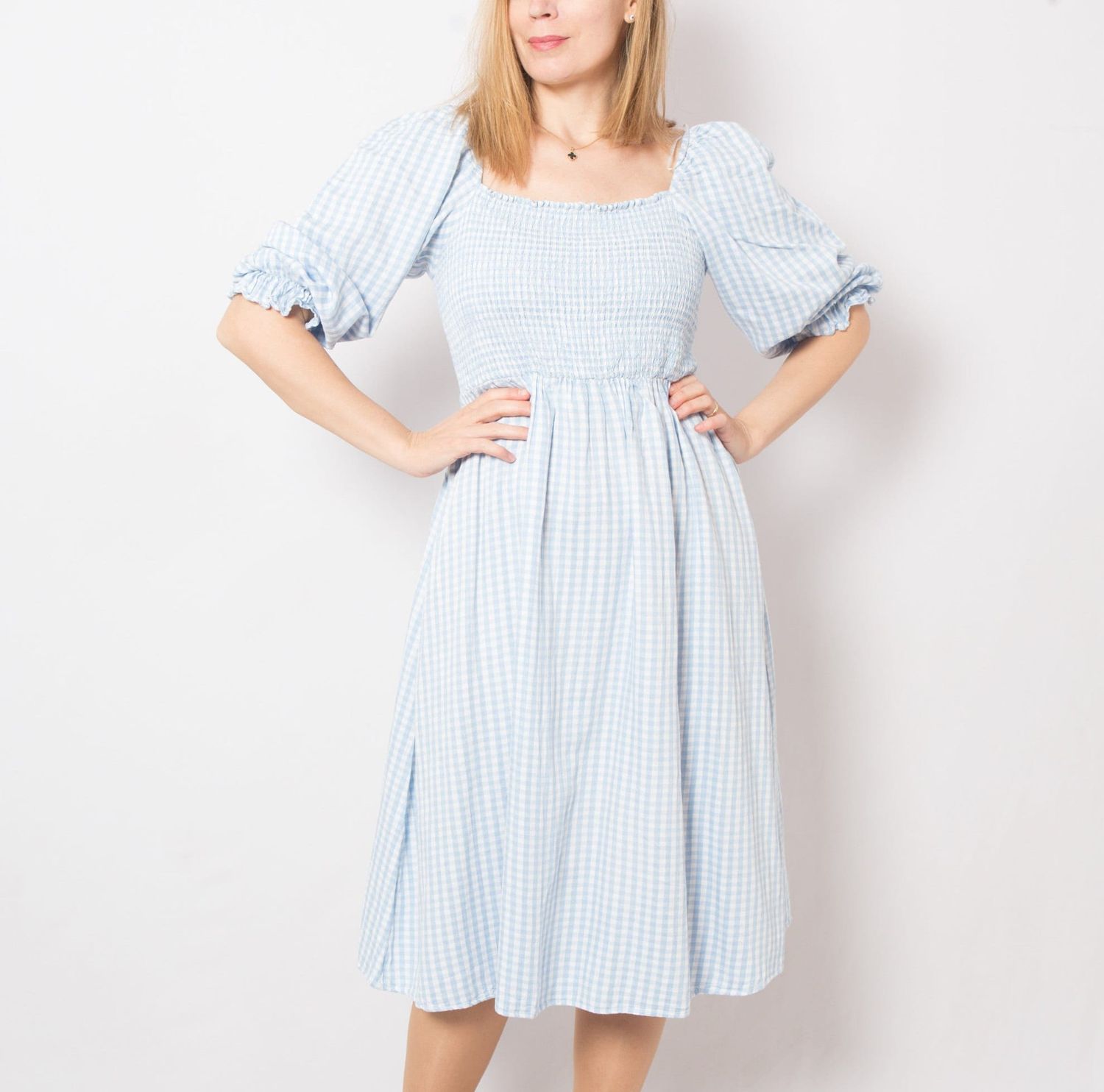 Vintage Blue Midi Plaid Dress Milkmaid Dress Peasant Dress Women with Puff Sleeves Medium Size