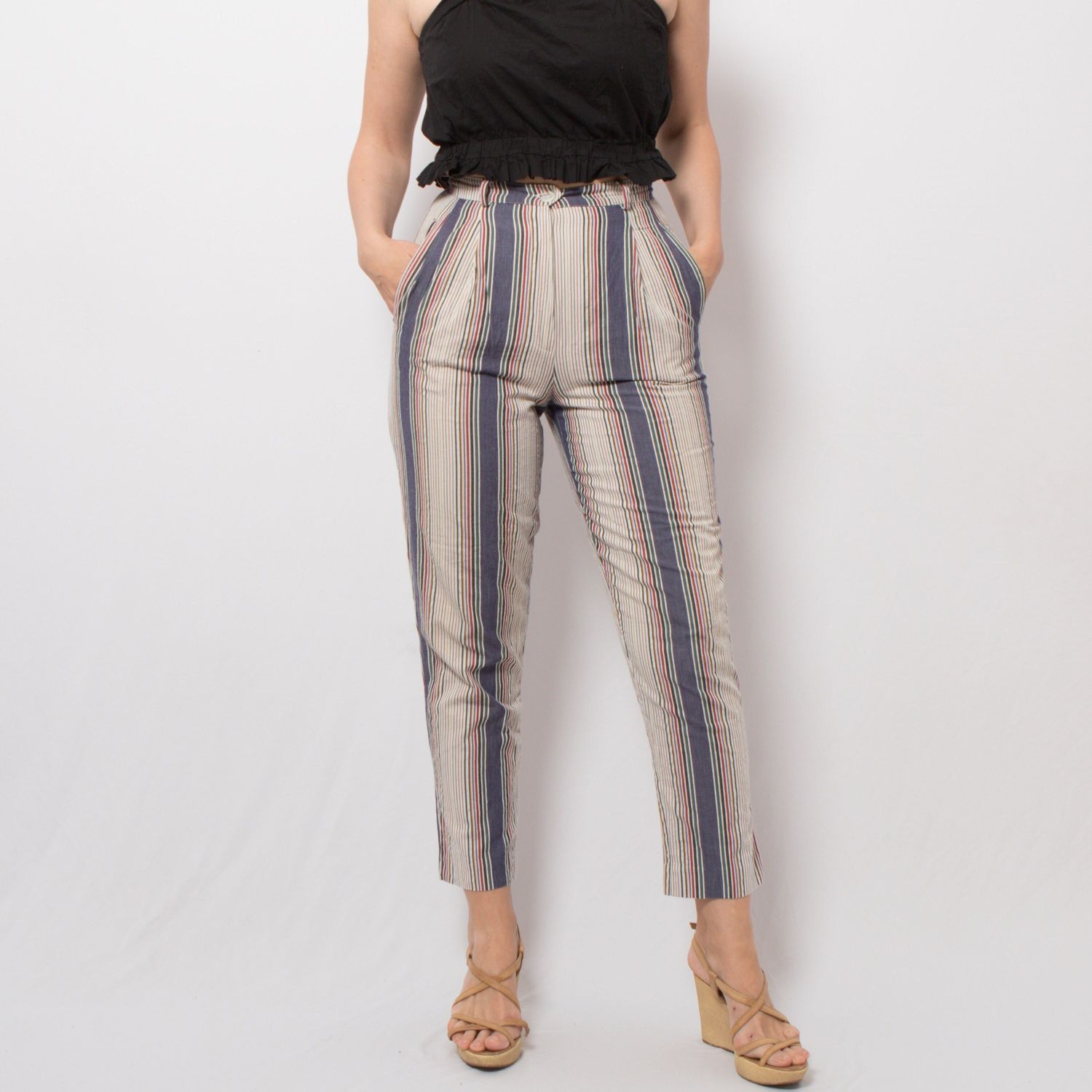 MABB Vintage Cigarette Pants Striped Trousers High Waisted Summer Pants W 26  L 27 Small Size