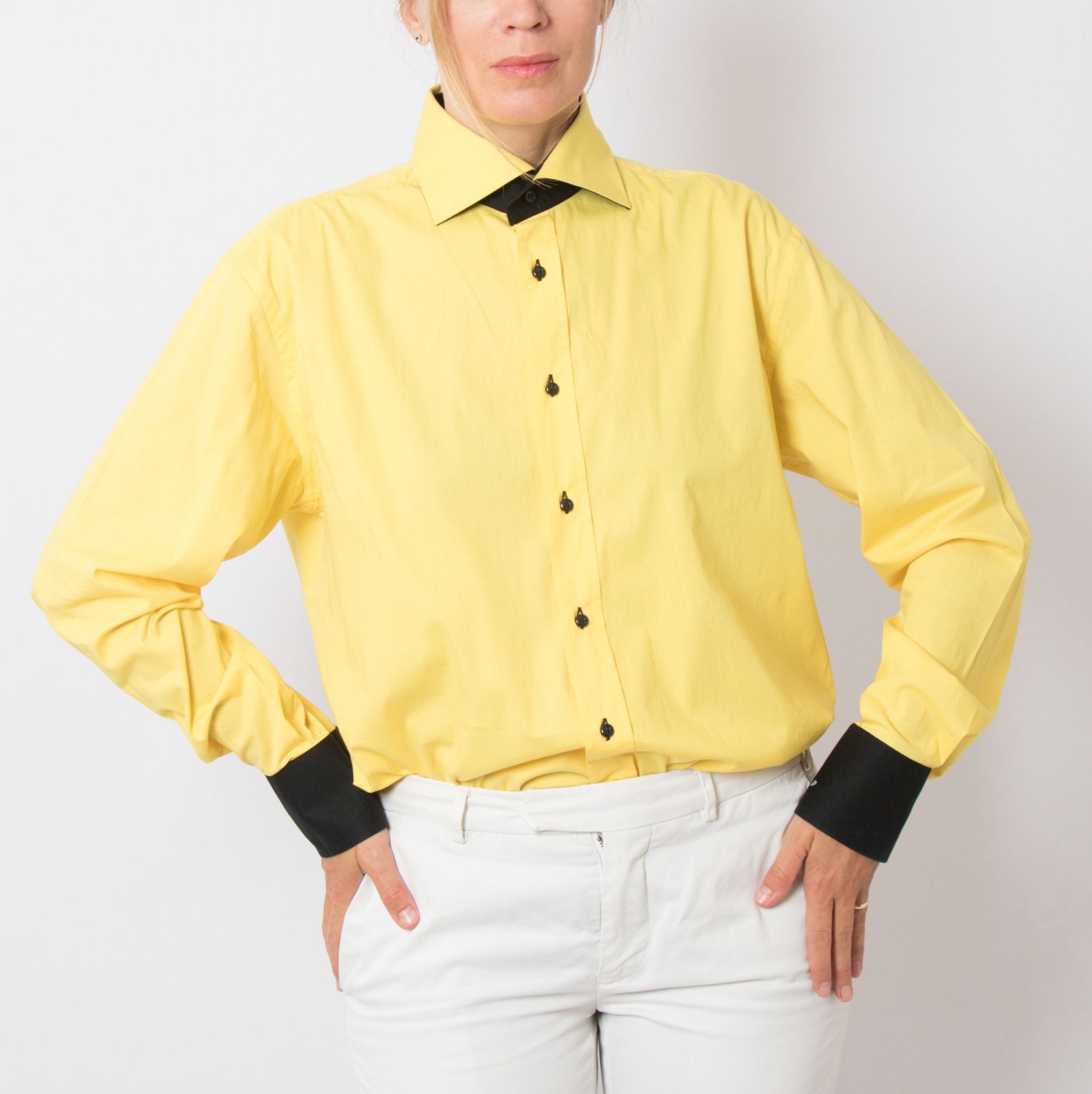 ICONIC 90s Salvatore Colella Yellow Contrast Shirt Italian Tailored Cotton Bold Statement Piece Size L