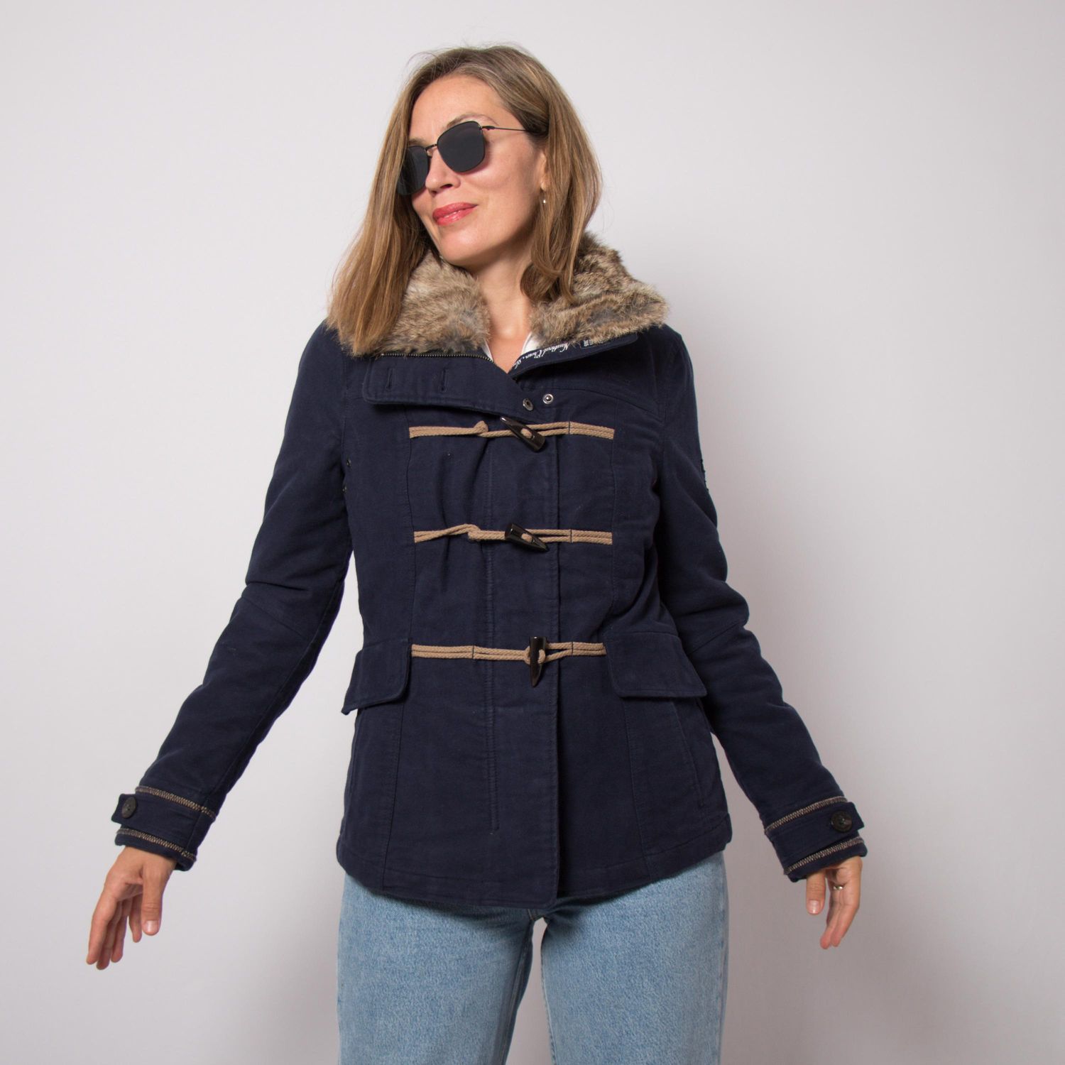 Gaastra Navy Blue Duffle Coat Rabbit Fur Trim Collar Classic Warm Casual Size M Gift for Girlfriend