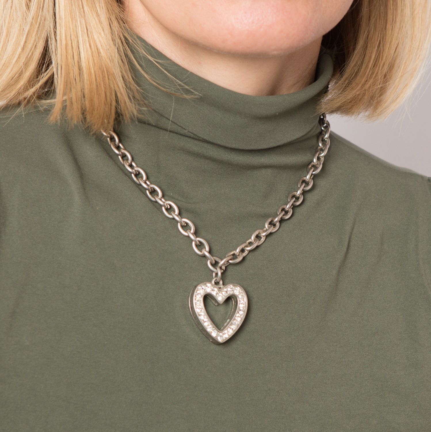 90s Rhinestone Heart Necklace Large Silver Heart Pendant Chain Adjustable Size Gift for Girlfriend Daughter