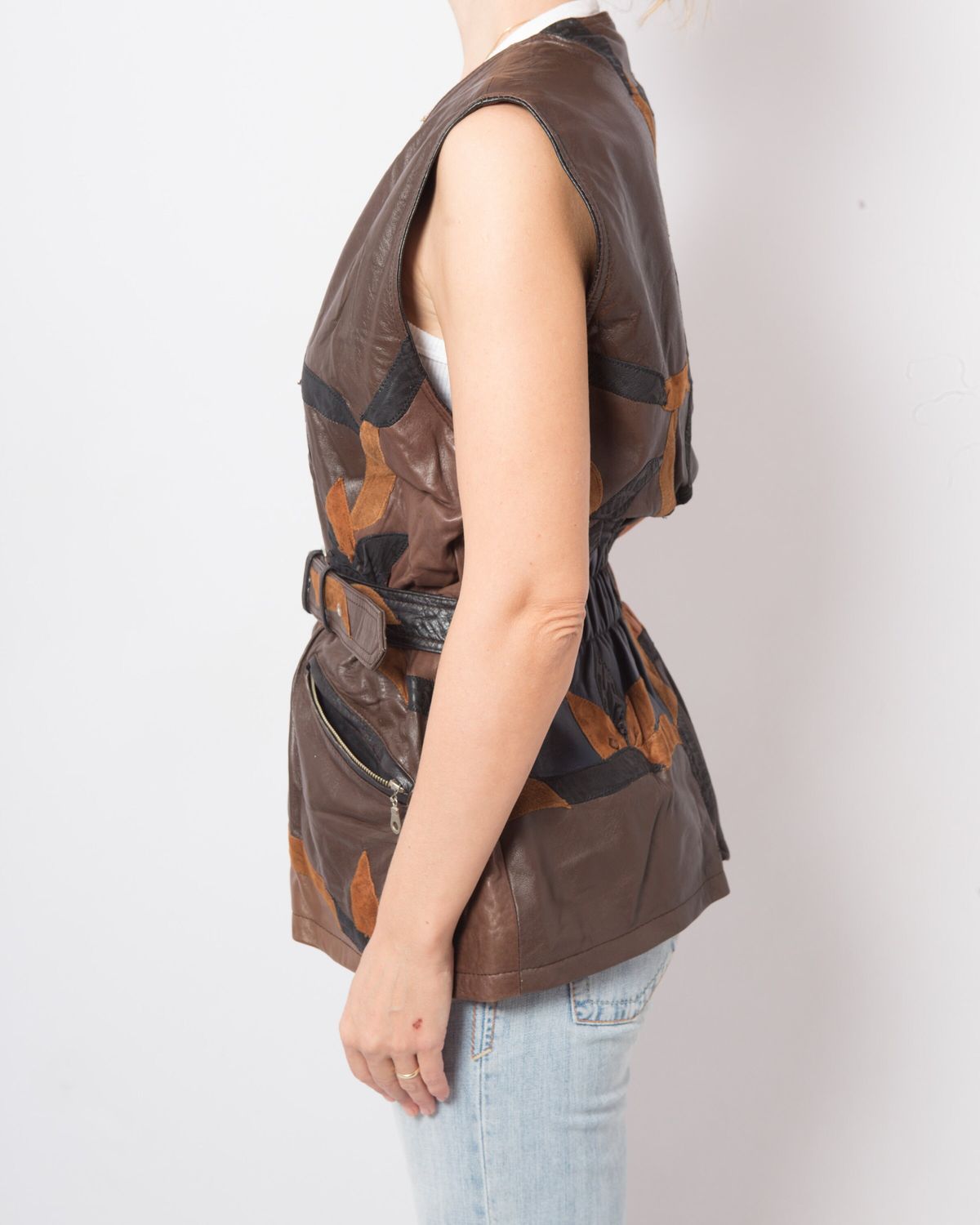 Vintage Patchwork Leather Vest Bold 70s 80s Style with Belt Pockets Zip Closure Gift for Girlfriend Wife