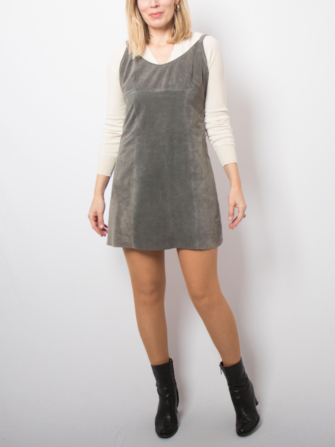 Vintage Gray Suede Mini Dress 90s Sleeveless A-Line Slip Dress Small Size