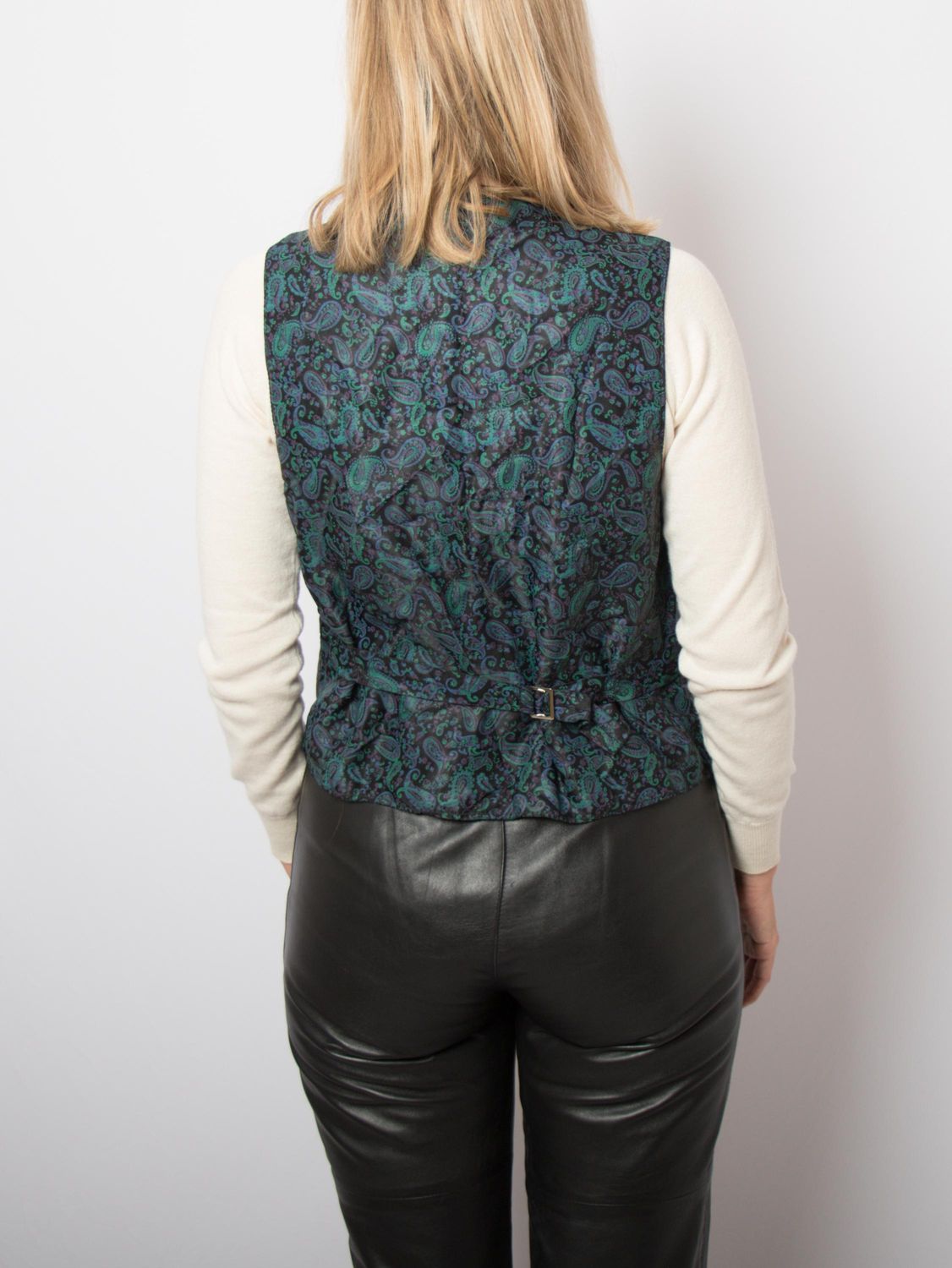 80s 90s Black Leather Waistcoat Paisley print fabric Boho-Chic Statement Edgy Piece Medium Size Gift for Girlfriend