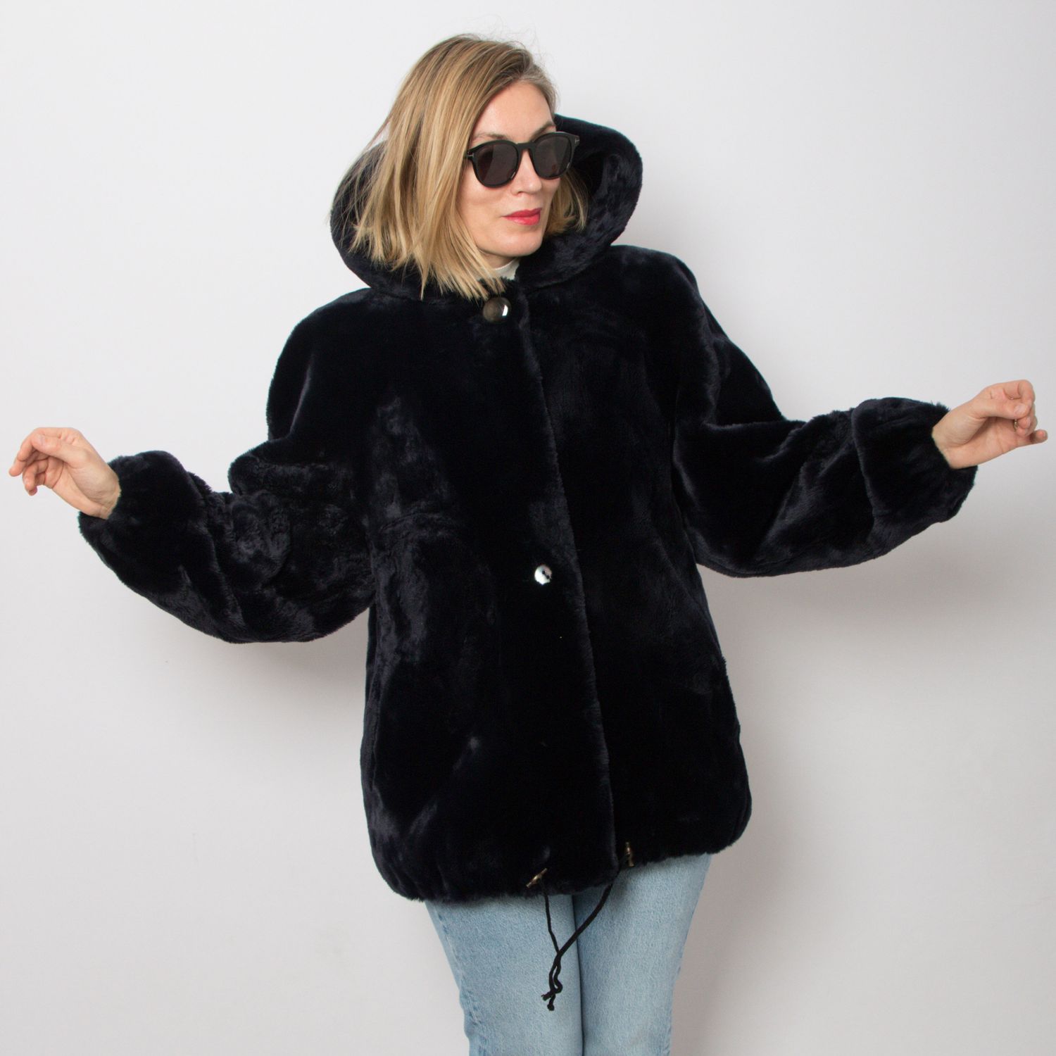 Vintage Blue Faux Fur Coat Hooded Faux Fur Coat Fluffy Coat Teddy Coat Medium Size